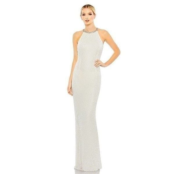 Mac Duggal Beaded Sleeveless High Neck Column Gown in White 2 New Womens