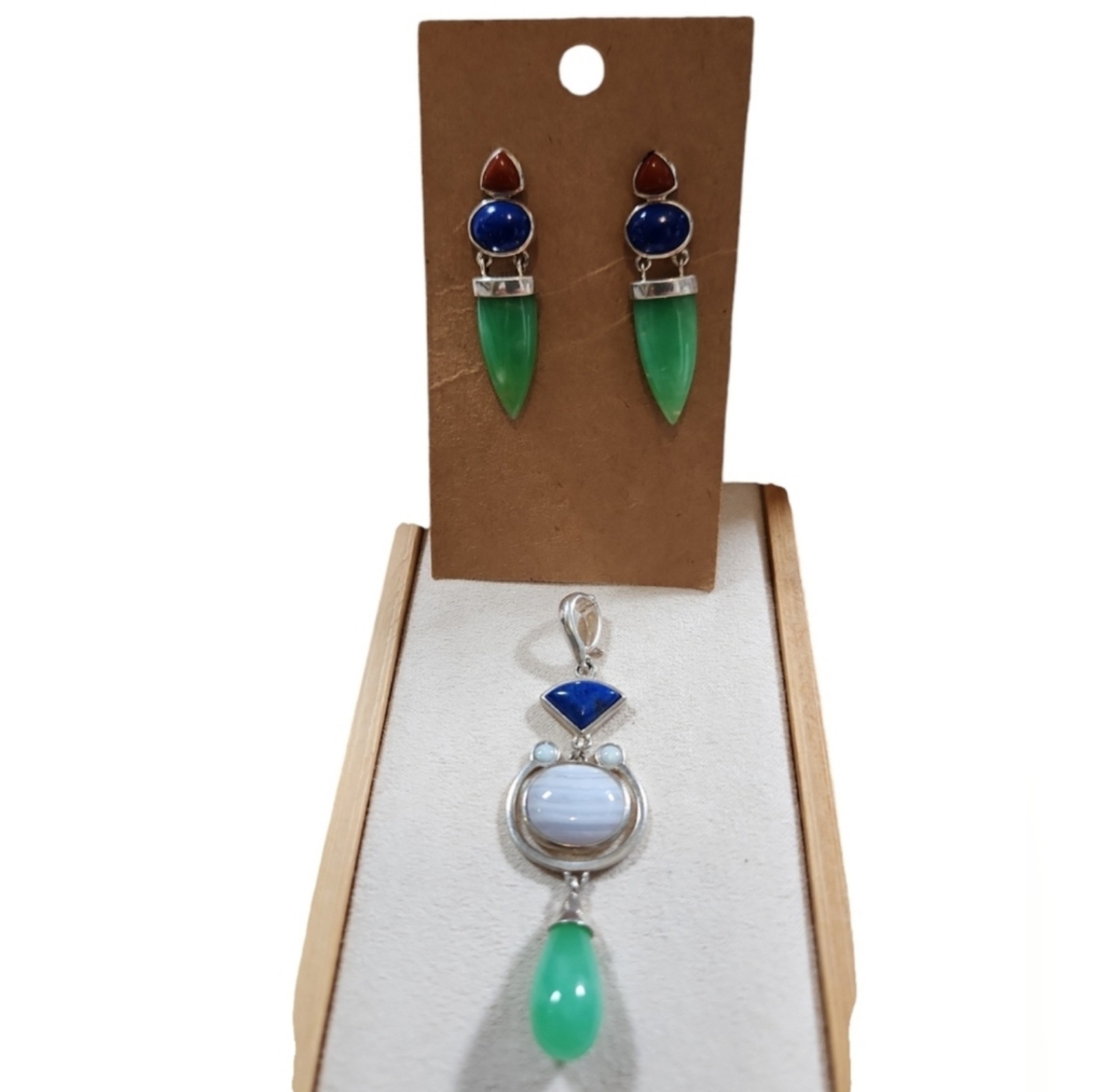 Whitney Kelly Sterling Jadeite Lapis Lazuli Red Agate Jewelry Set