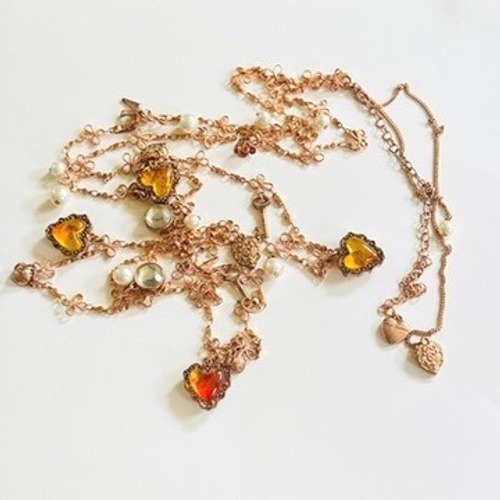 Betsey Johnson BJ Heart Charm dangle Necklace Signed Crystal Rose gold 56 long