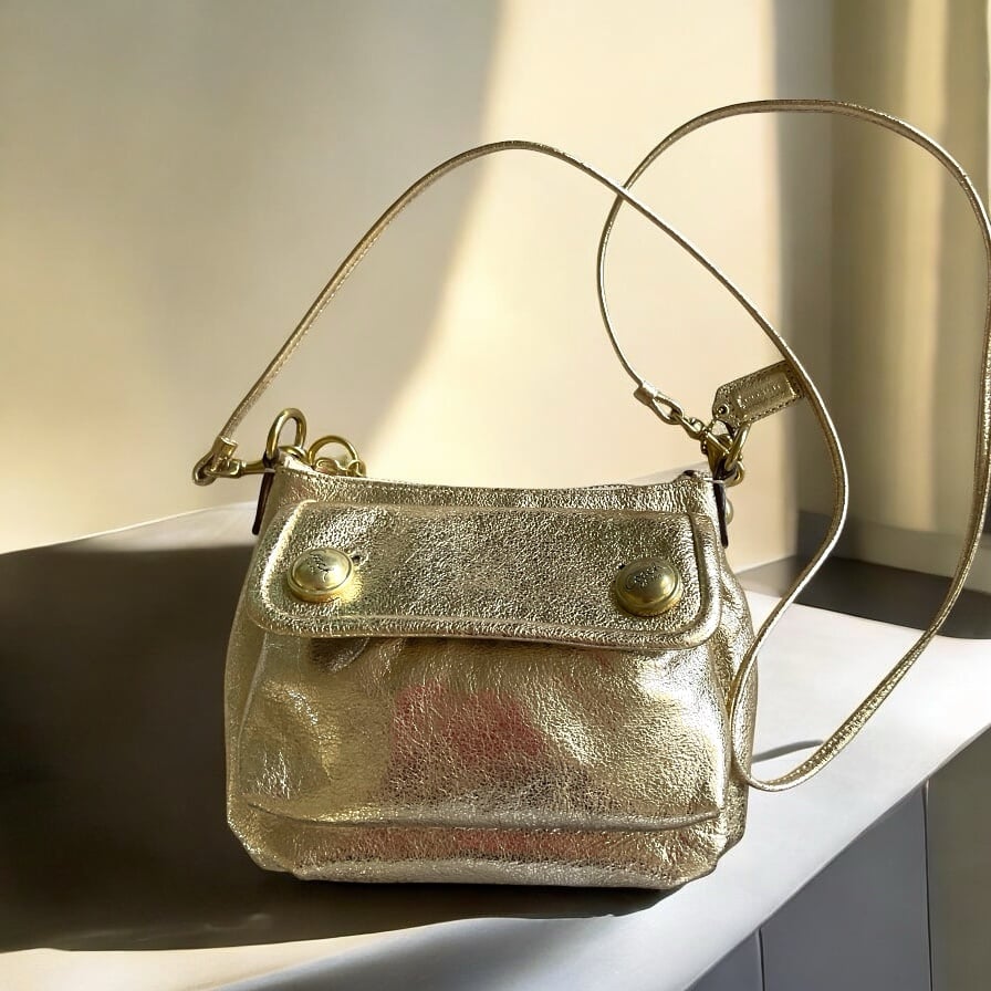 Coach Poppy Metallic Gold Leather Mini Crossbody Top Zip Bag
