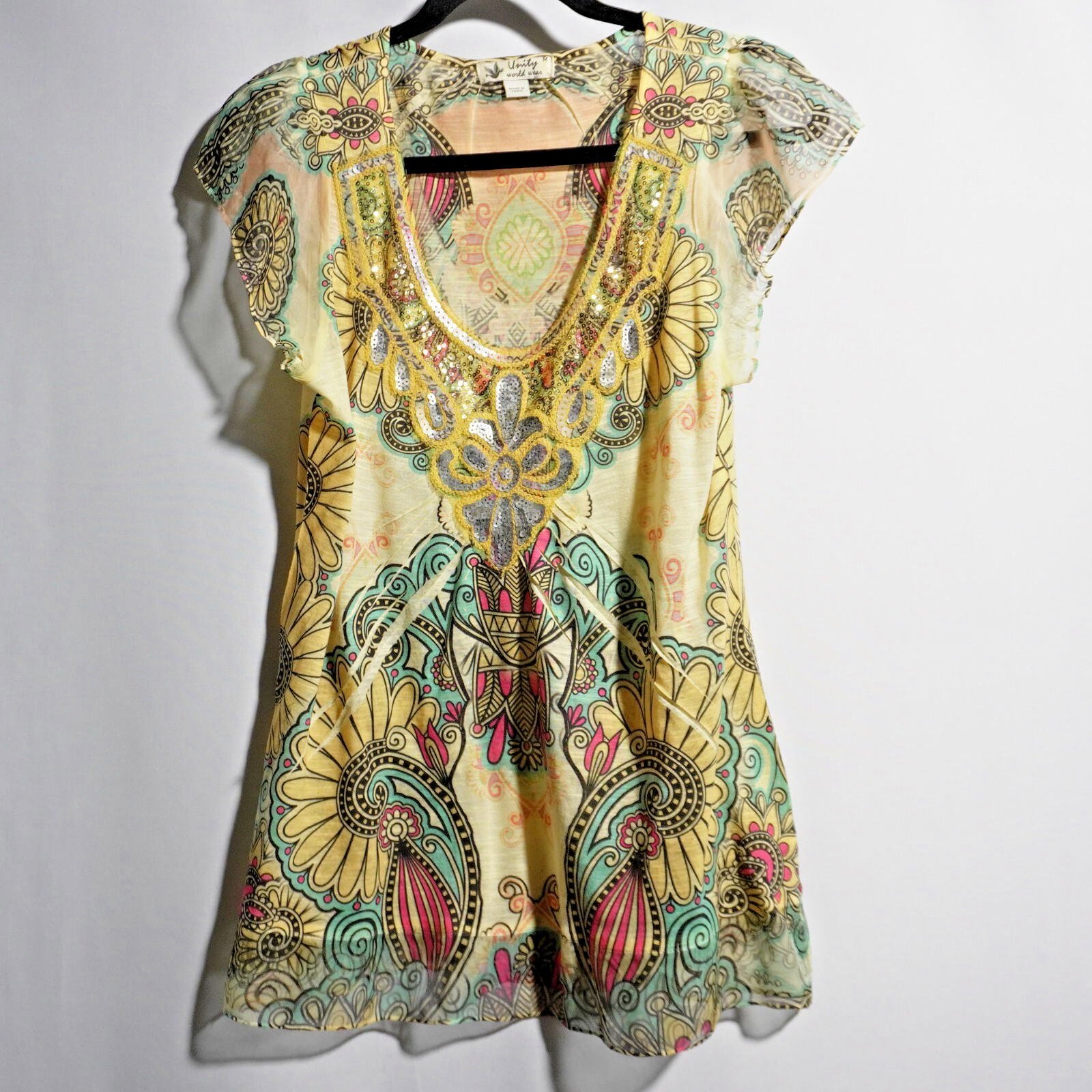 Unity World Wear Y2K Yellow Beaded Paisley Boho Psychedelic Top Flutter Sleeve M