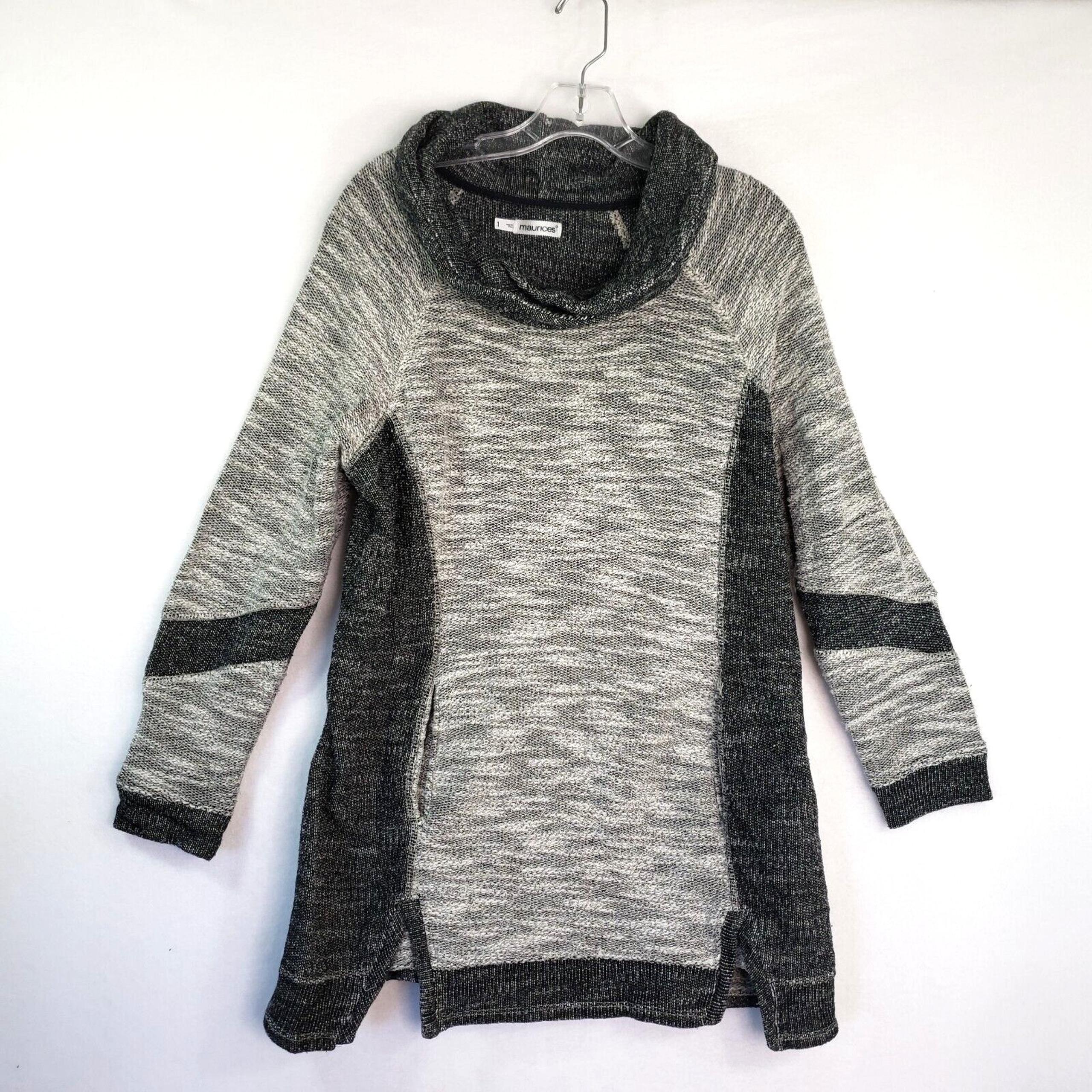 Maurices Cowl Neck Tunic Womens Plus 1X Gray Black Pullover Sweater Lagenlook