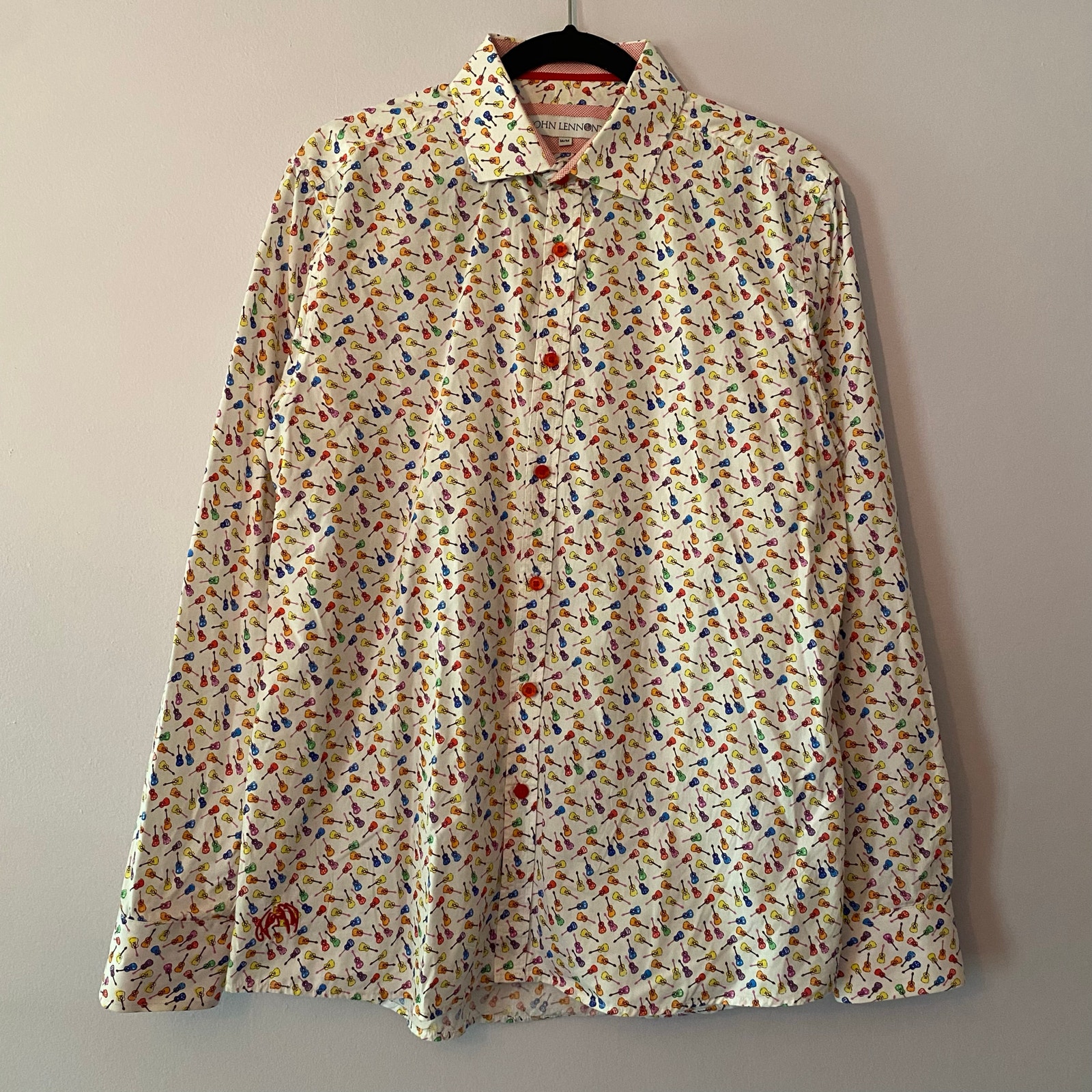 John Lennon Men's size Medium Multicolor All Over Guitar Button Down Dress Shirt