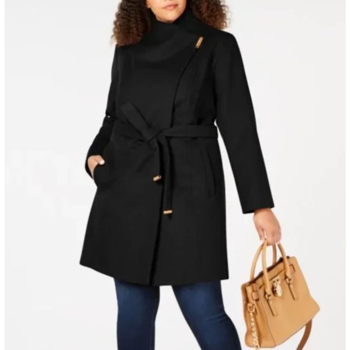 Michael Kors Plum Wine Asymmetrical Zip Knee Length Belted Winter Coat