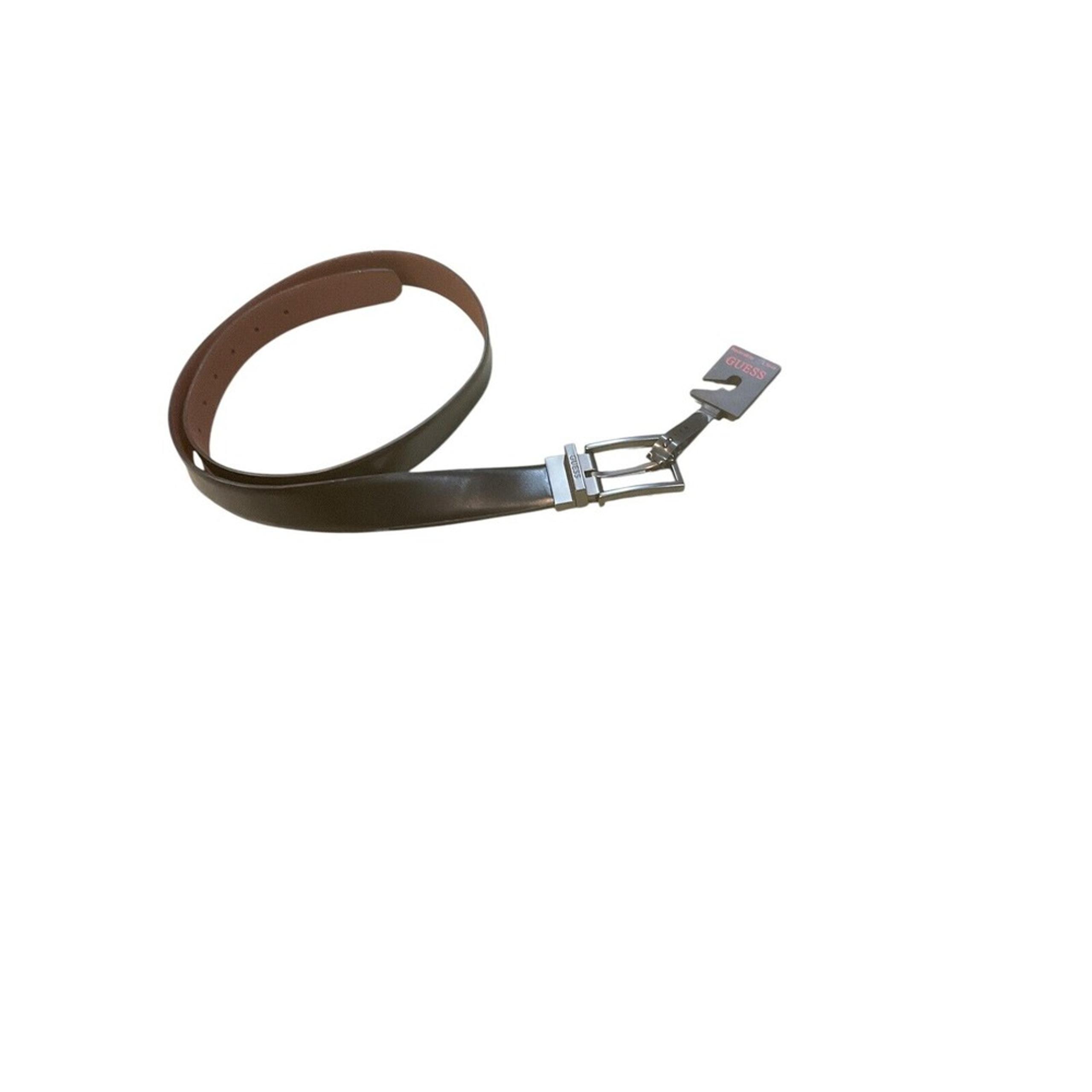 Men's Guess Black leather belt size 38 to 40 flat silver buckle with gas logo NW