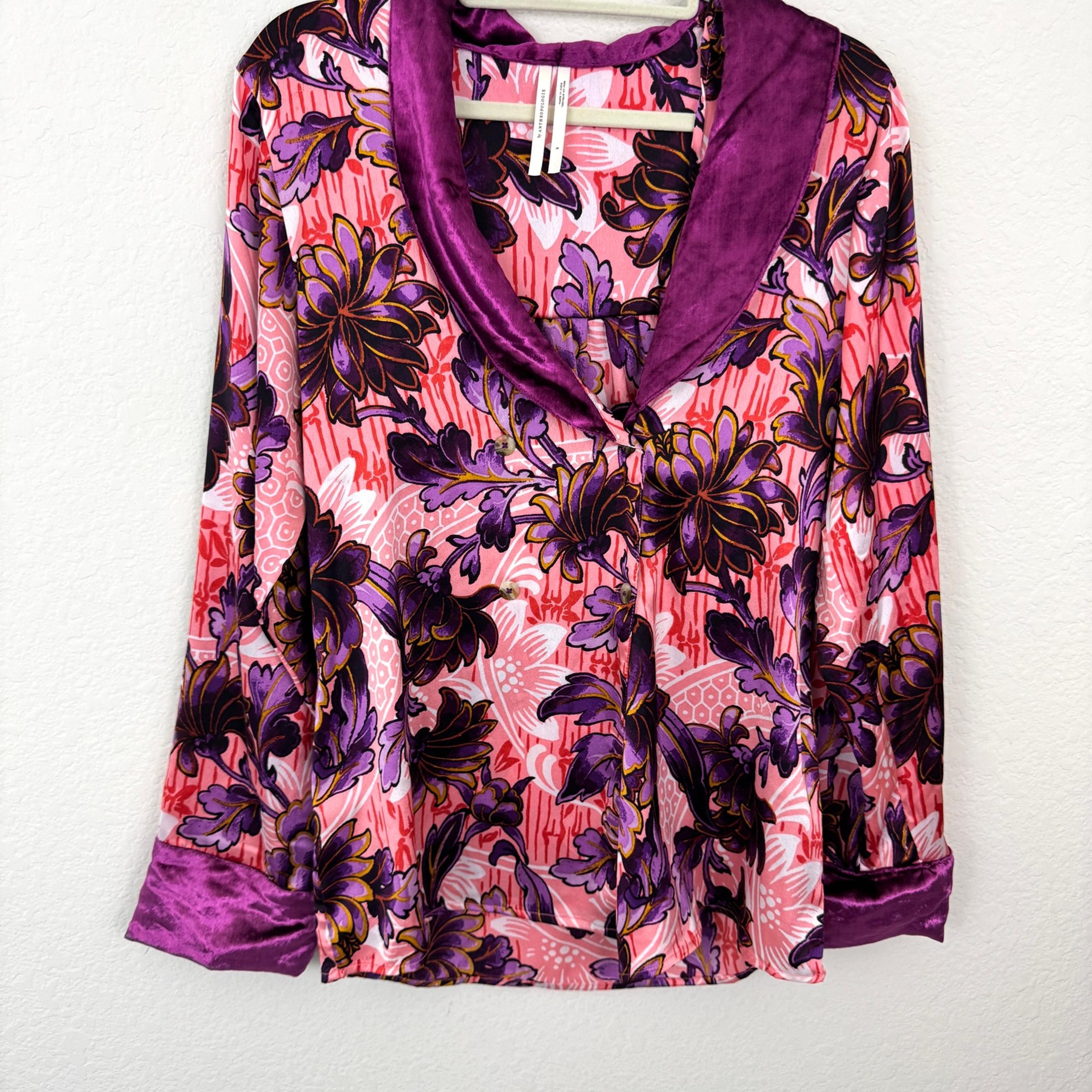 Anthropologie Womens Luxe Satin Pajama Top Size S Floral Velvet Intimates Purple