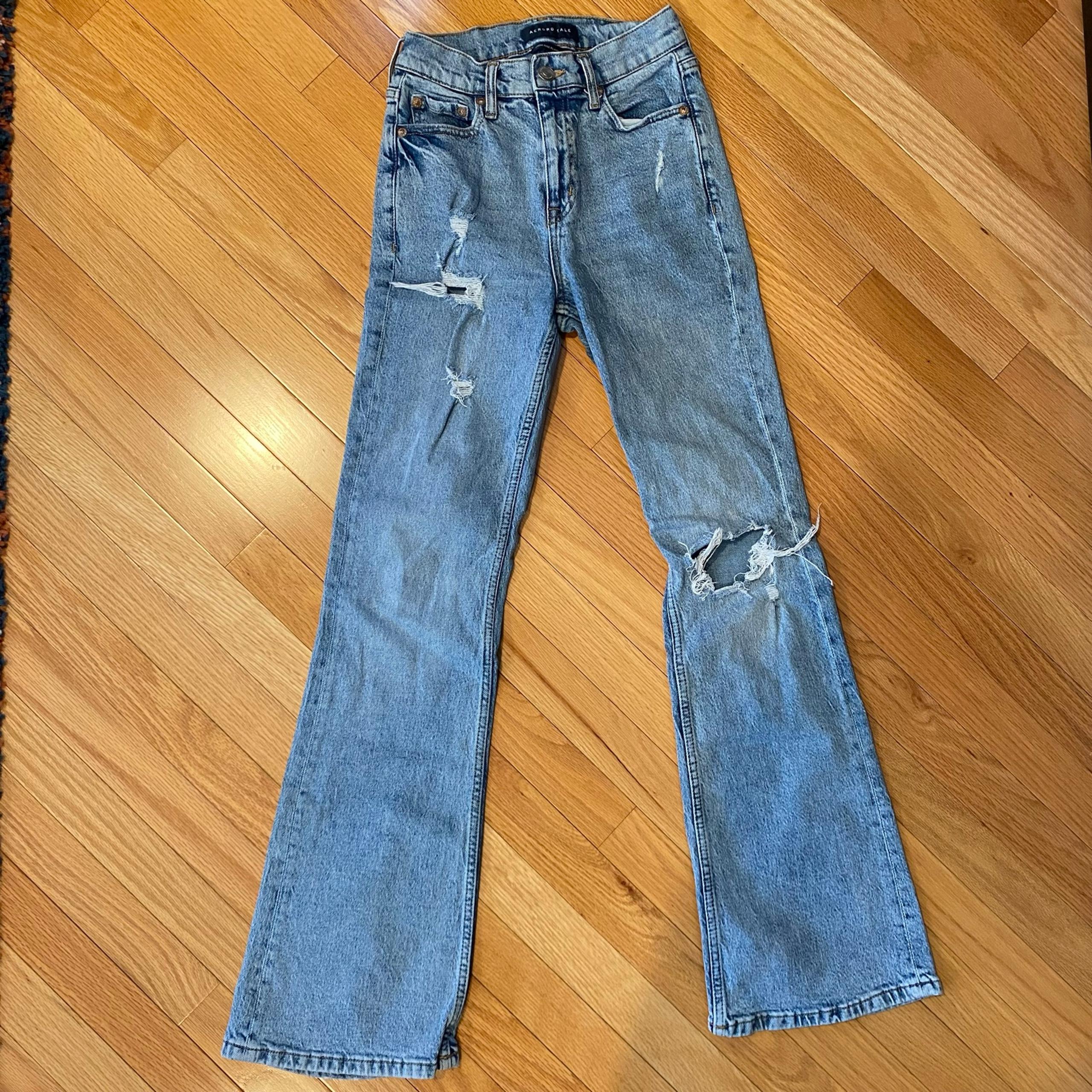 Aeropostale High Rise Flare Denim Jeans Med Wash Distressed