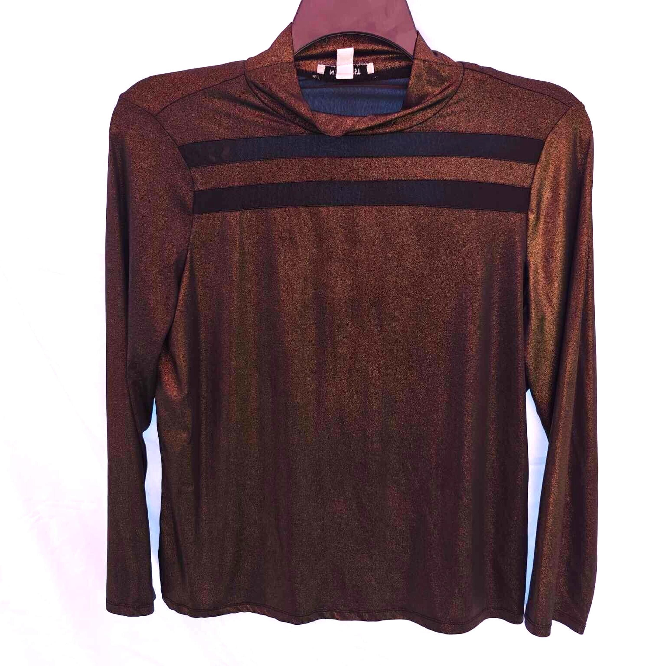 Nine West Women L Black long sleeve shirt turtleneck mock neck shimmer shiny