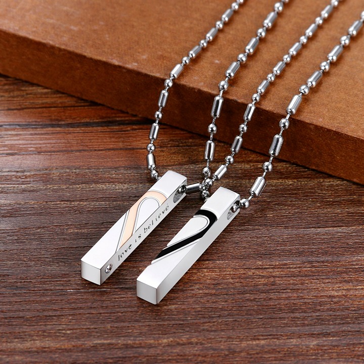 Matching Heart Stainless Steel Love Puzzle Tag Pendant Necklace 20 / 22