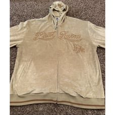 Vintage Phat Farm Suede Sweatshirt Beige Spell Out Hoodie Full Zip 90's Size XL