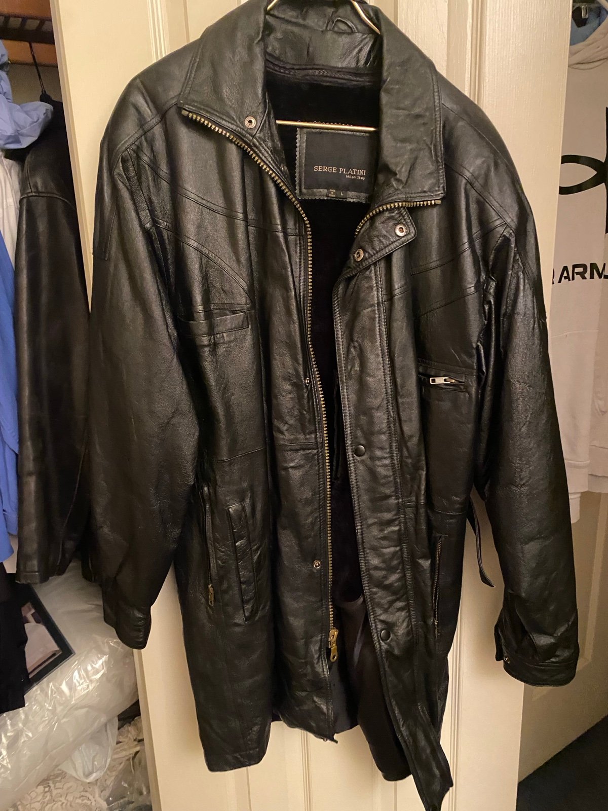 Serge Platini Black Leather Jacket Insulated Trench Coat Made in Italy Men's L