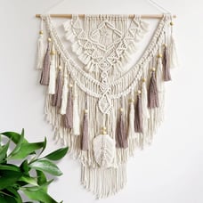 Macrame Wall Hanging, Woven Tapestry Beige & Dusty Rose Handmade 37.4” Lx27.5” W