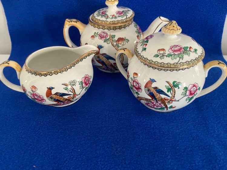 Whieldon Ware Pheasant Pattern Tea Pot, Sugar and Creamer