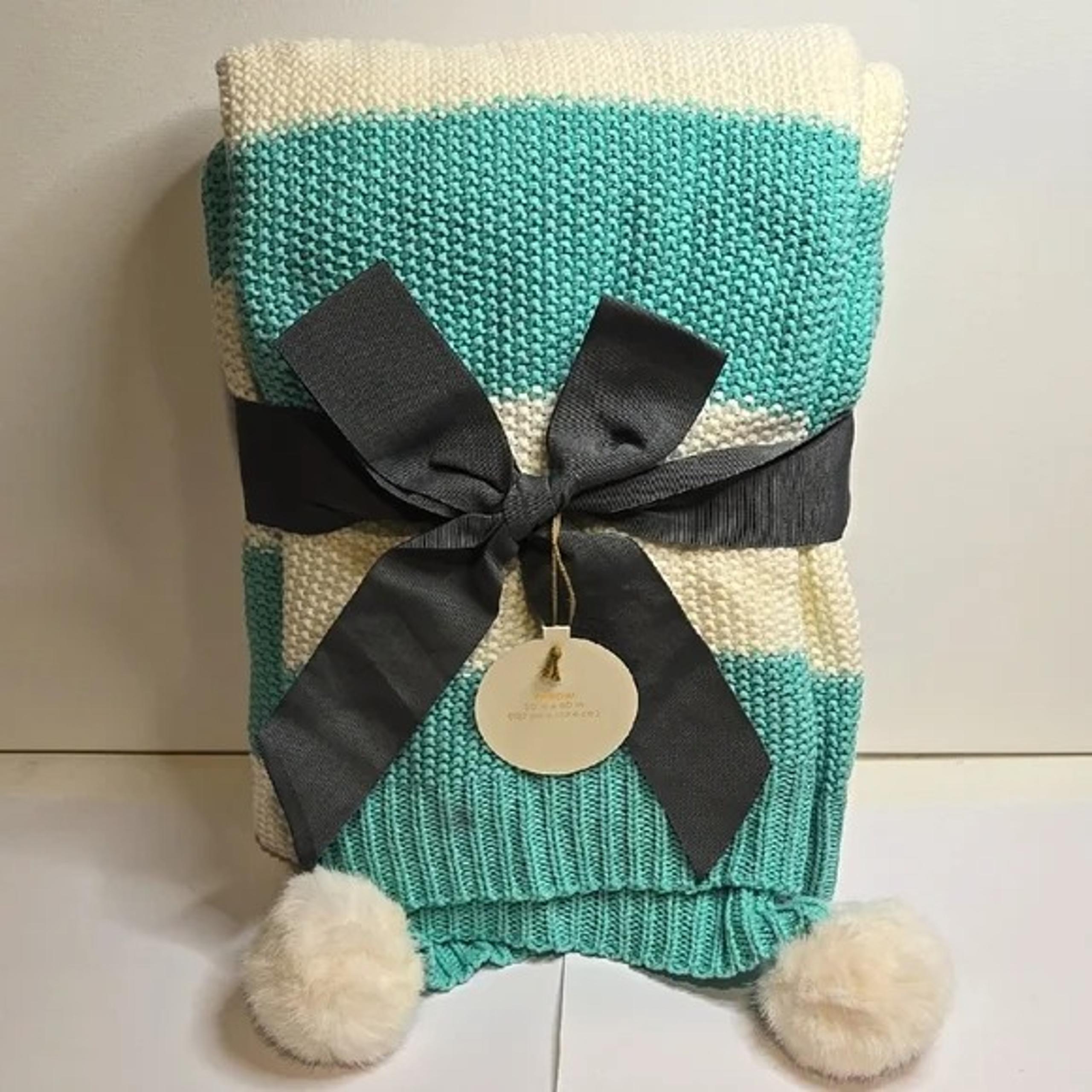 New, THRESHOLD TEAL & WHITE STRIPE POM POM KNIT THROW BLANKET 50" X 60"