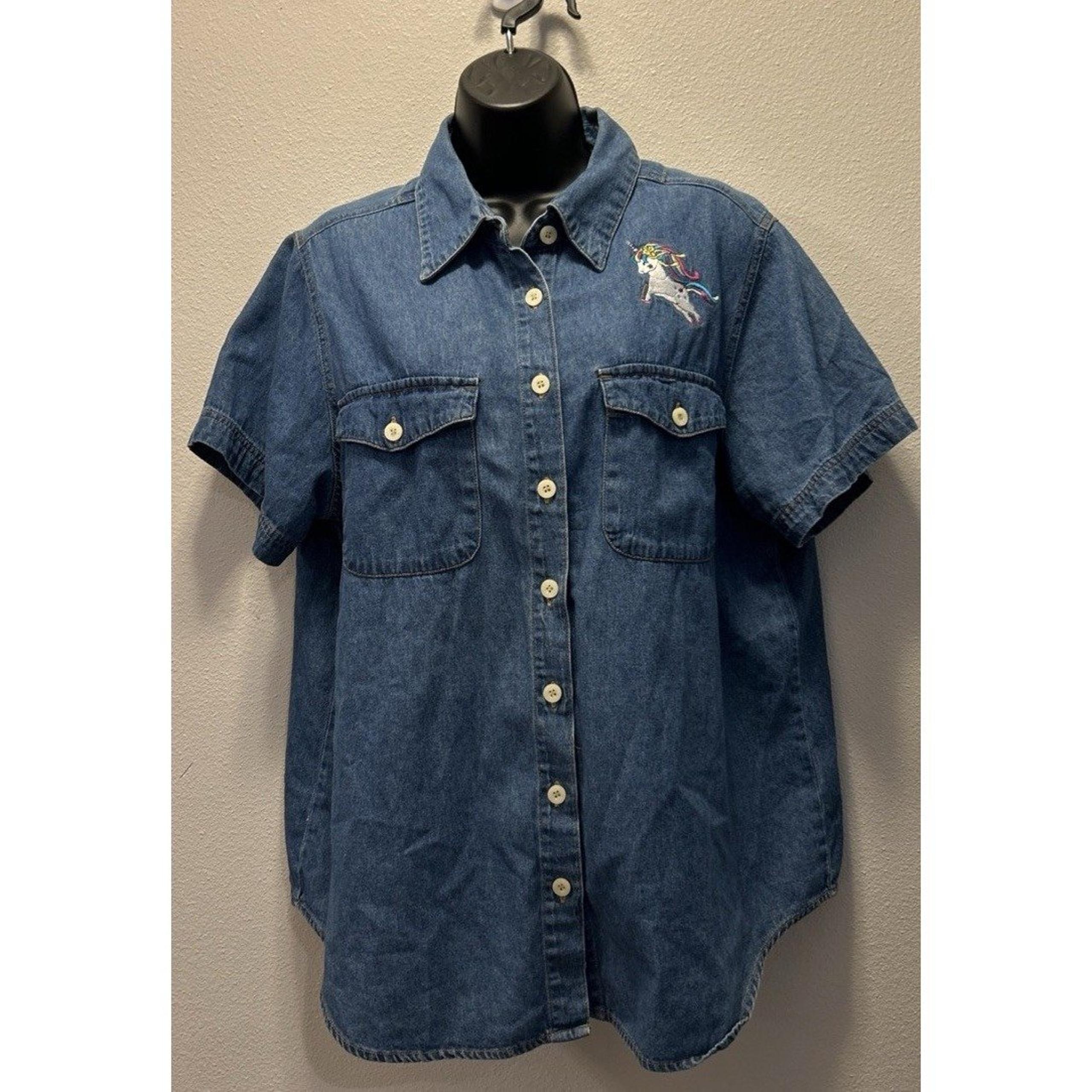 Route 66 Women's Denim Short Sleeve Button Down With Unicorn Size 18w