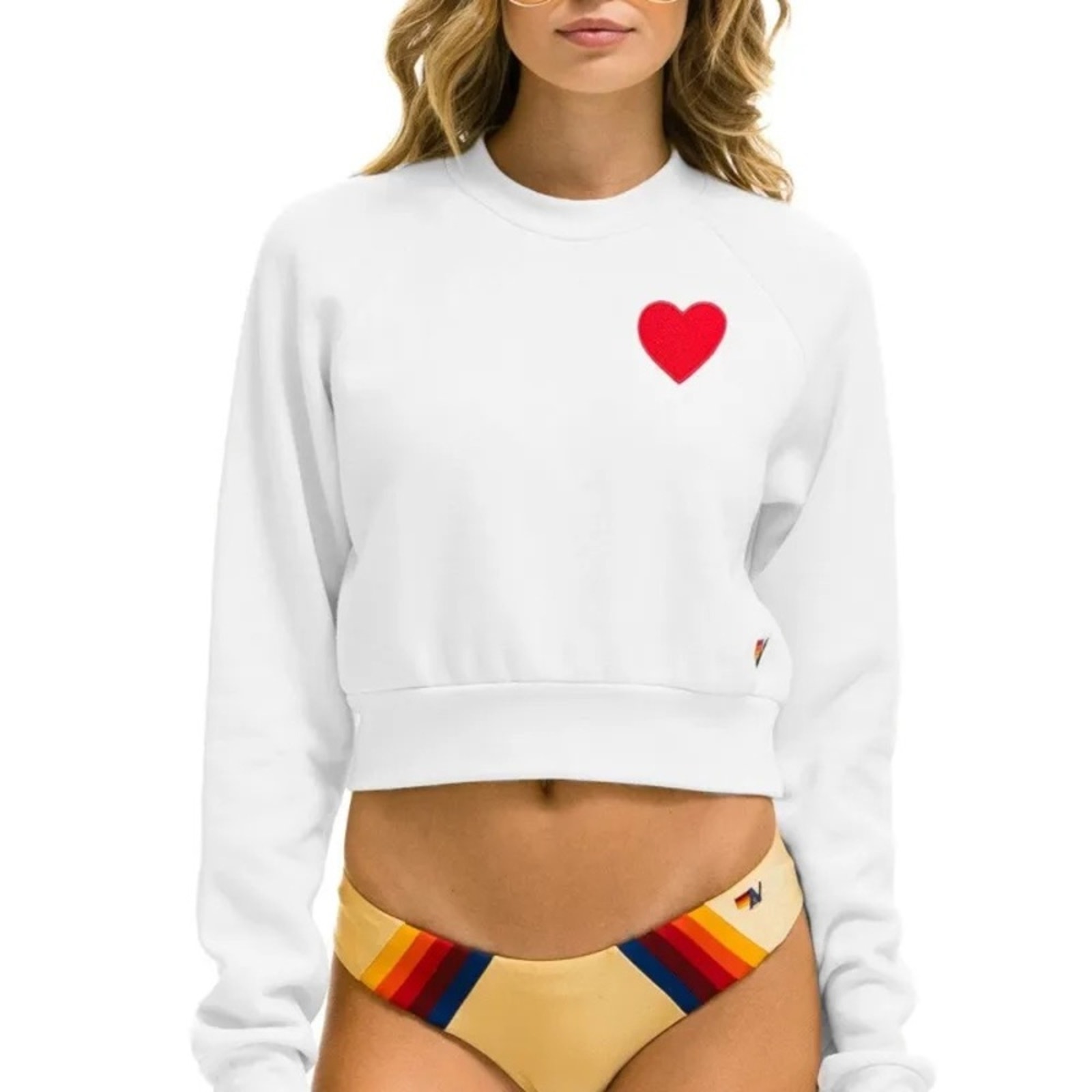 Aviator nation heart patch cropped white crewneck