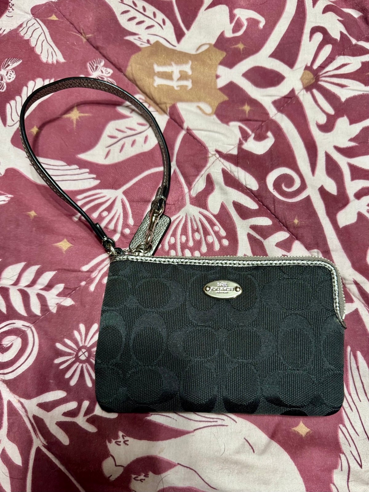 Coach Black Metallic Silver Signature Zip Wallet Wristlet