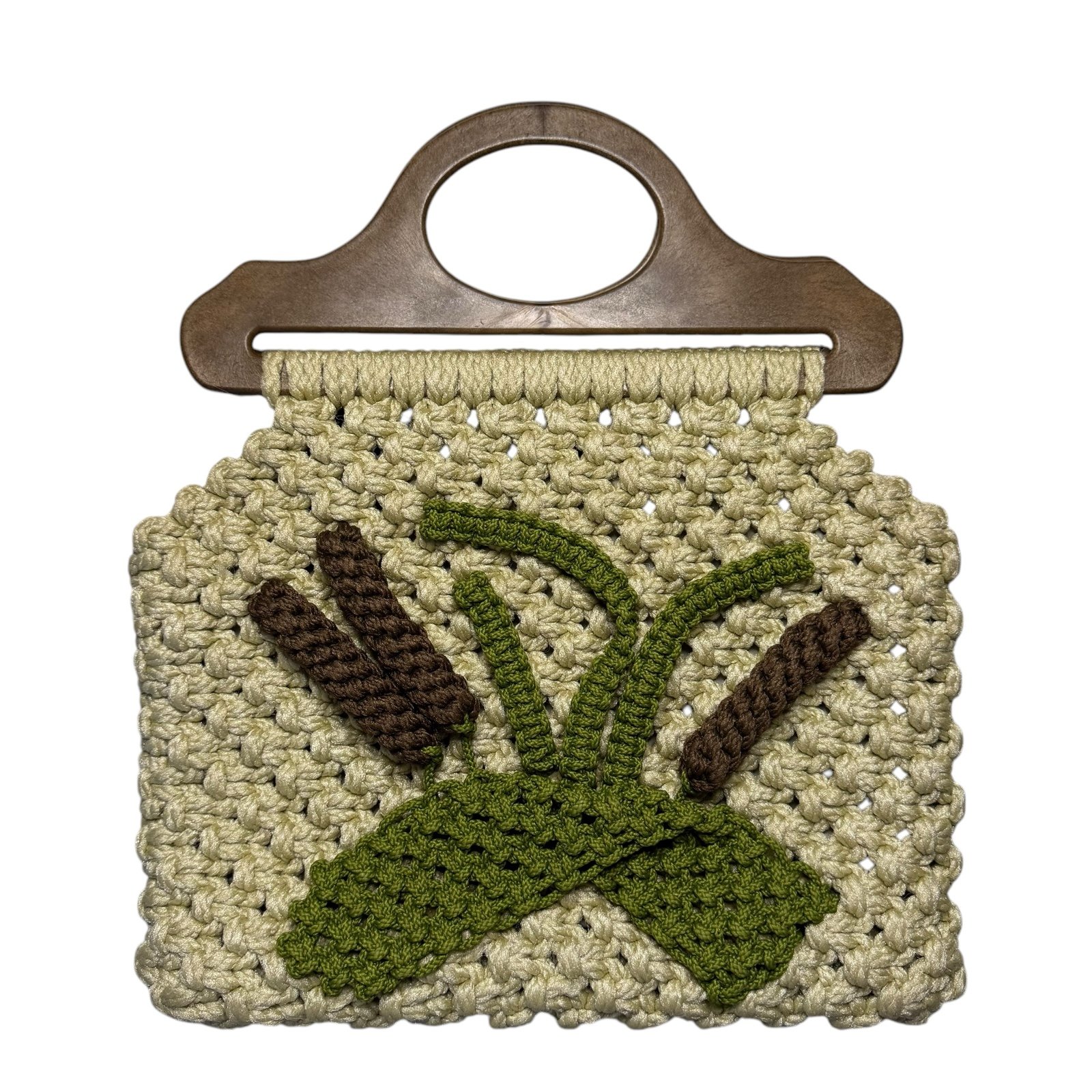 Vintage Macrame Rope Purse Cattails Purse Handbag with Wooden Handles