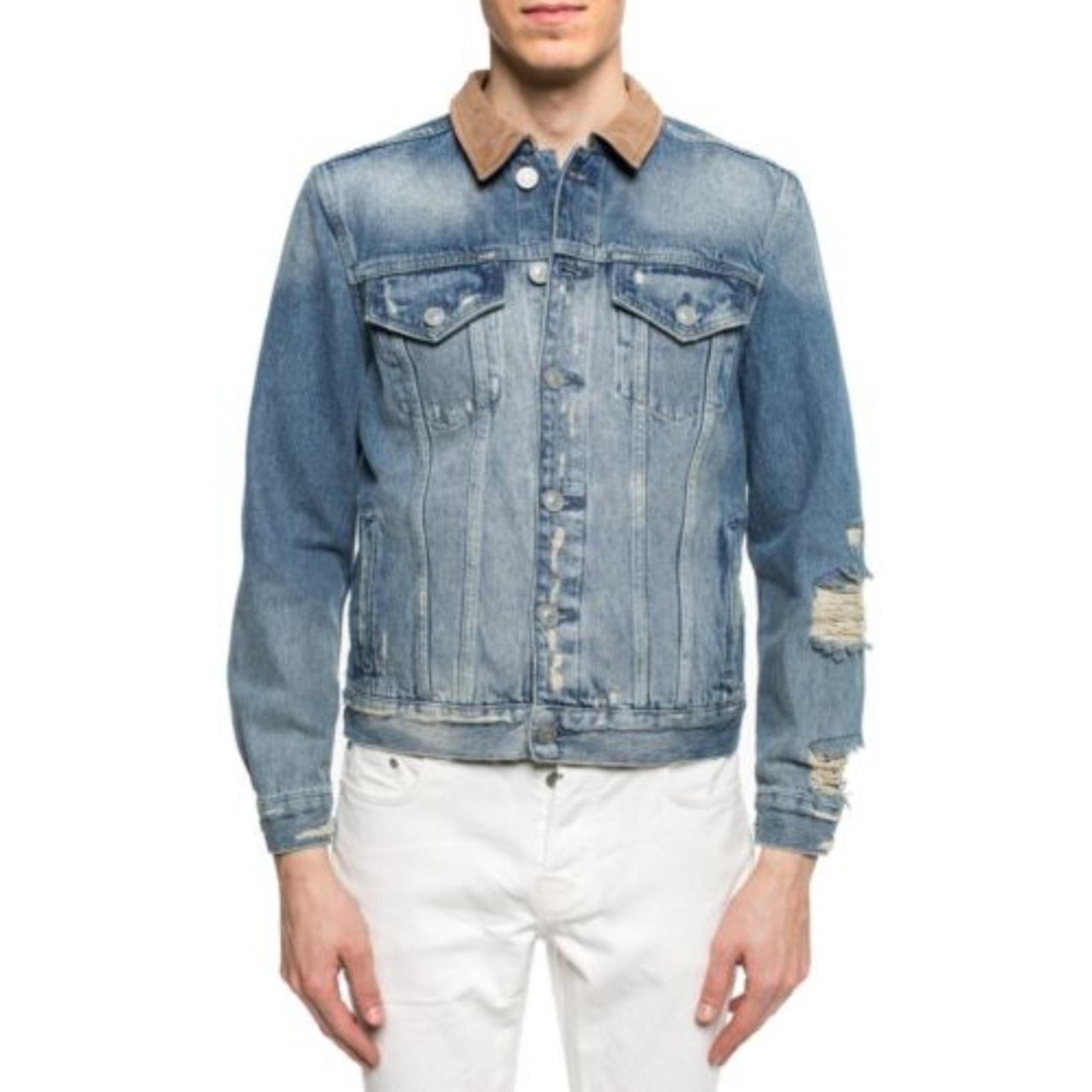 AllSaints Men's Iren Suede Collar Blue Distressed Denim Trucker Jacket, Size M