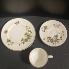 Coalport Strawberry Pattern Miniature Teacup, Saucer, And Plate