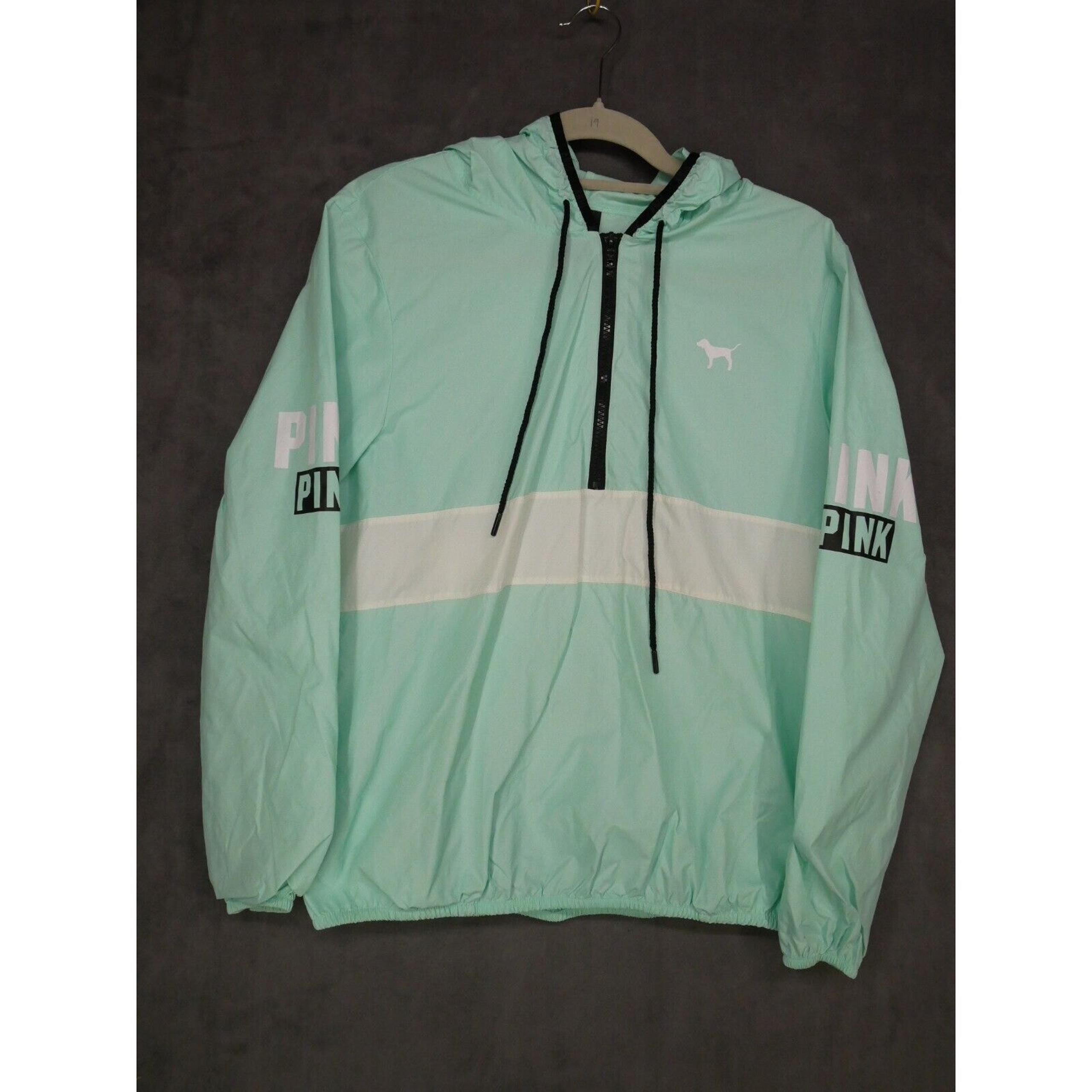 V.S. Pink Hooded Windbreaker Jacket 1/2 Zip Active Wear Teal/White XS-S