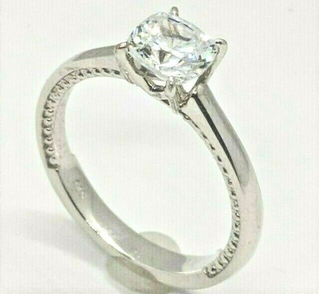 Real 14 k Solid White Gold Engagement Ring , Cubic Zirconia Stones Center, 6.75
