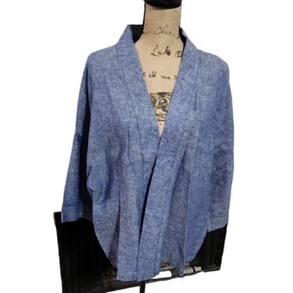 Andrea Jovine 100% linen Blue Boho Mandarin Kimono Minimalist Blazer size Medium