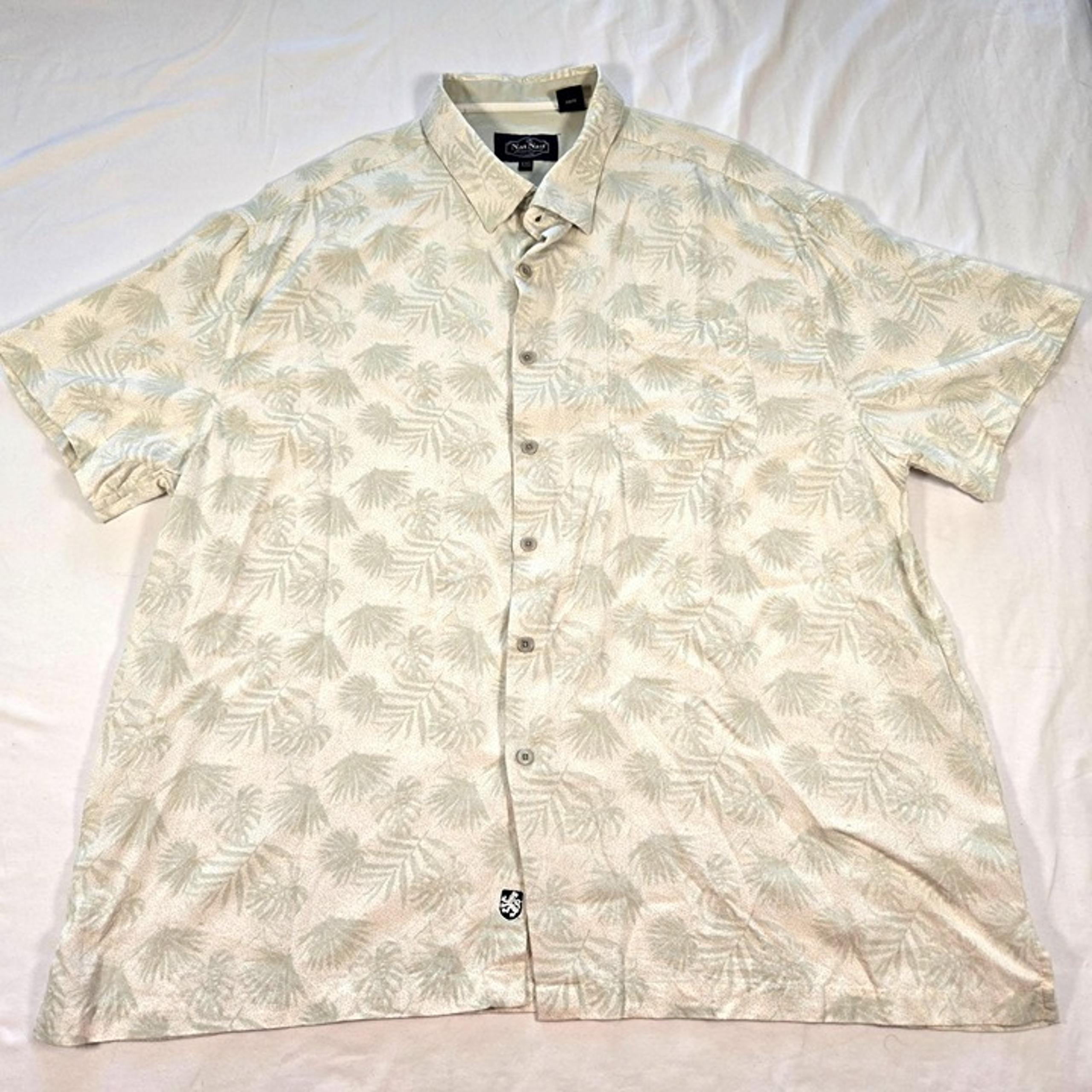 Nat Nast XXL Palm Leaf Print Button-Up Silk Cotton Short Sleeve Casual Luxury