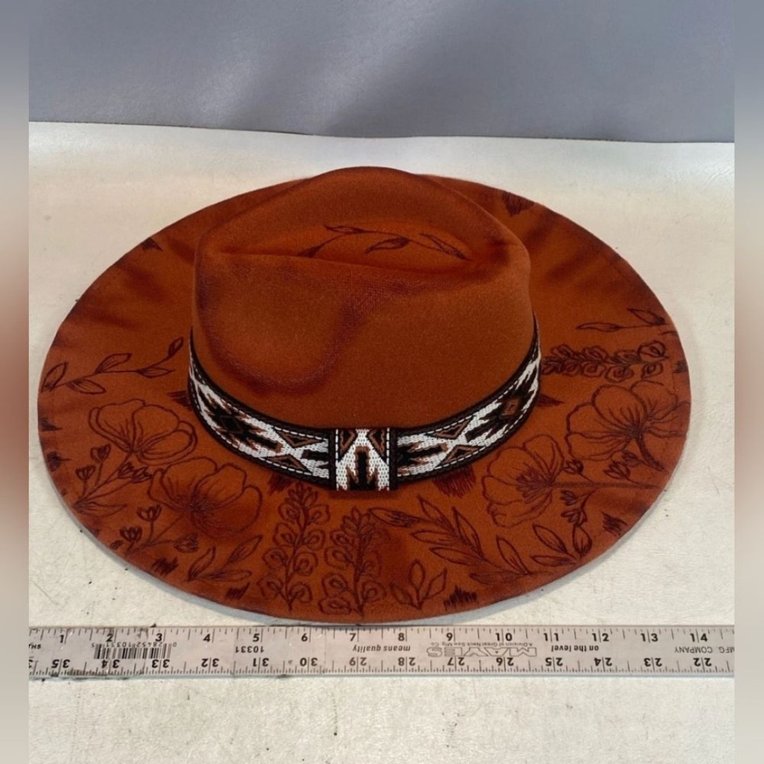 Burnt Floral Designer Rust Orange Felt Wide Brim Fedora Hat Adjustable 57cm Les