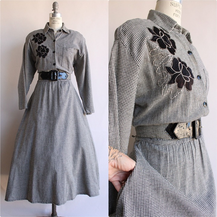 Vintage 1980s Dress with belt, 1950s Style Black and White Gingham Fit and Flare