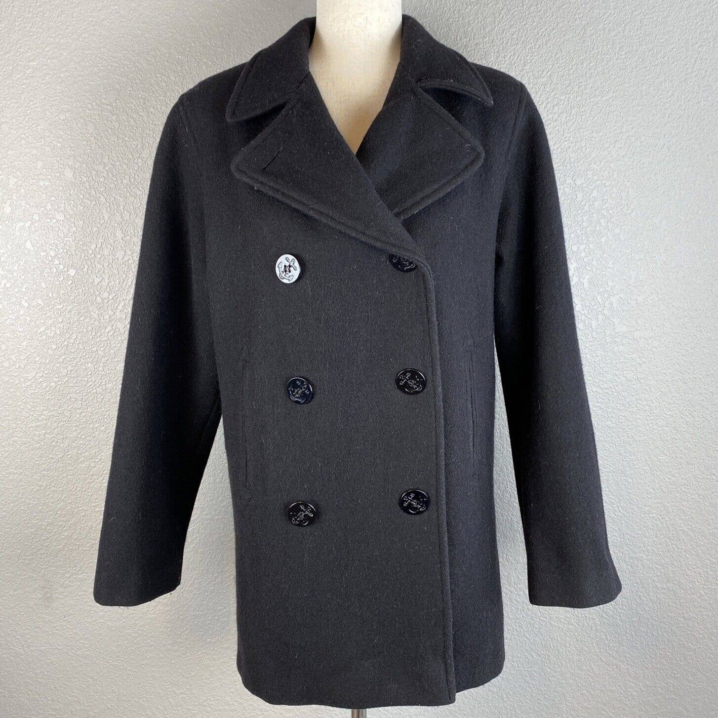 Vintage Marvin Richards Womens Peacoat 6 Black Wool Anchor Buttons Made in USA