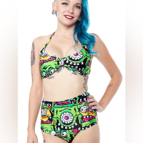 Sourpuss Fink Faces Two Piece Swimsuit- size small