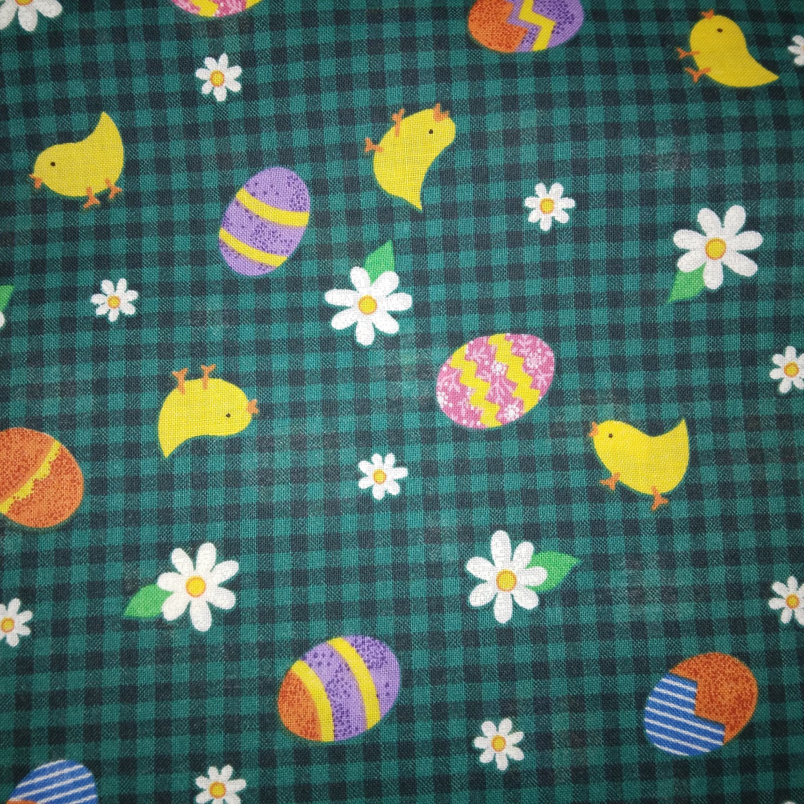 FABRIC 100% cotton Easter eggs chicks and daisies on green & black Gingham 5yard