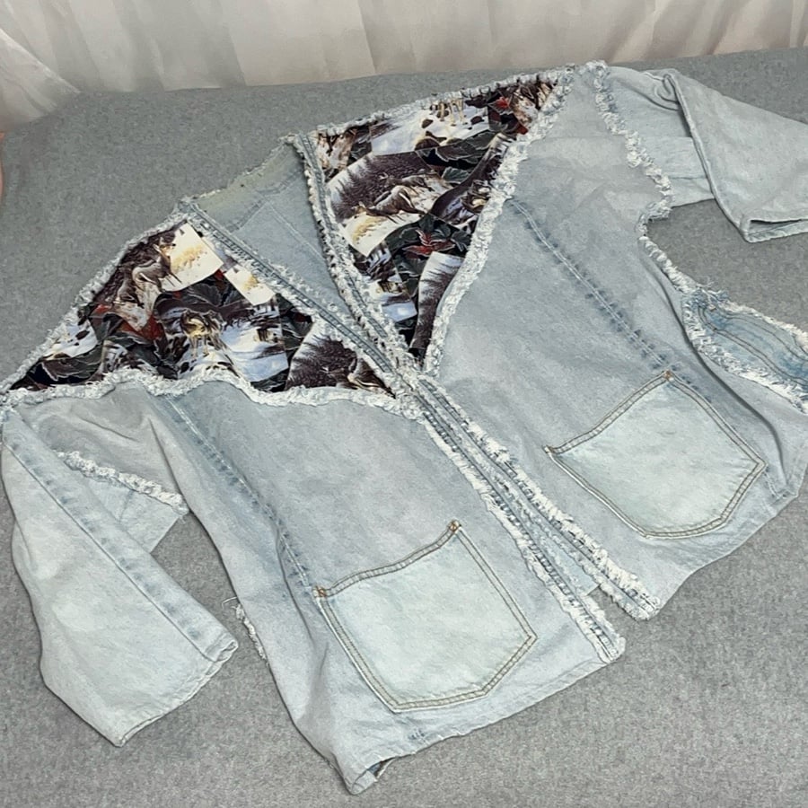 Upcycled Boho Denim Jacket Size 1X 2X Western Patch Fringe Slouchy Festival