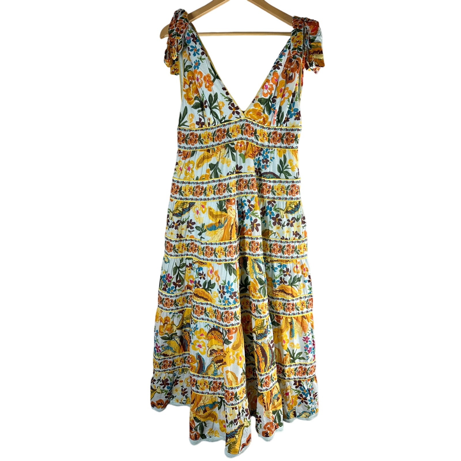 Farm Rio Blue Spring Bananas Midi Dress Size Large Tropical Vacation Casual