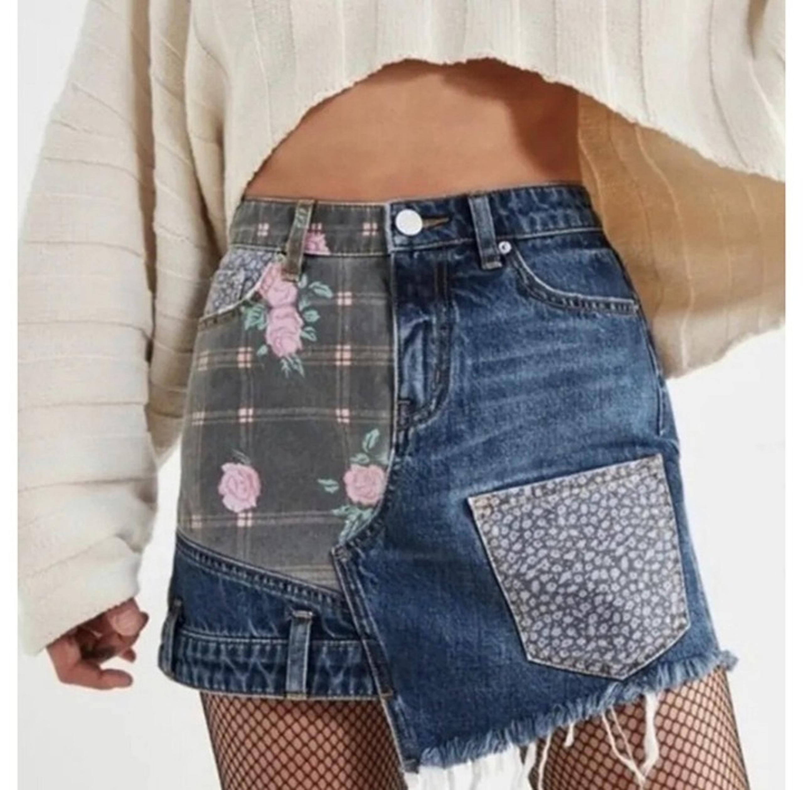 [RARE XS] BDG Floral Denim Patchwork Asymmetrical Bohemian Mini Skirt