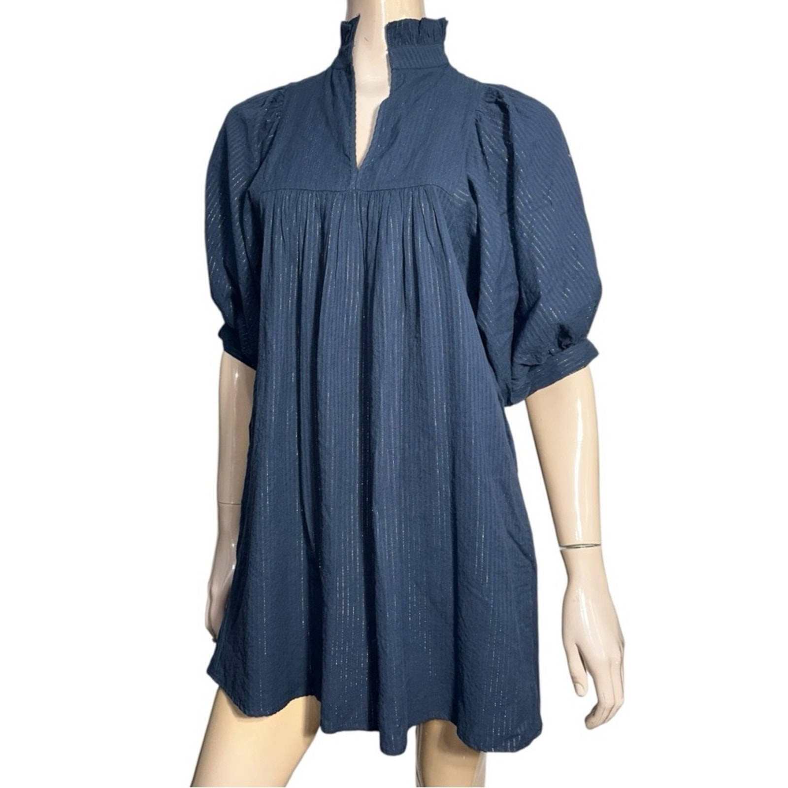 Never A Wallflower Women’s XS Navy Blue Gold Metallic Stripe High Neck Dress