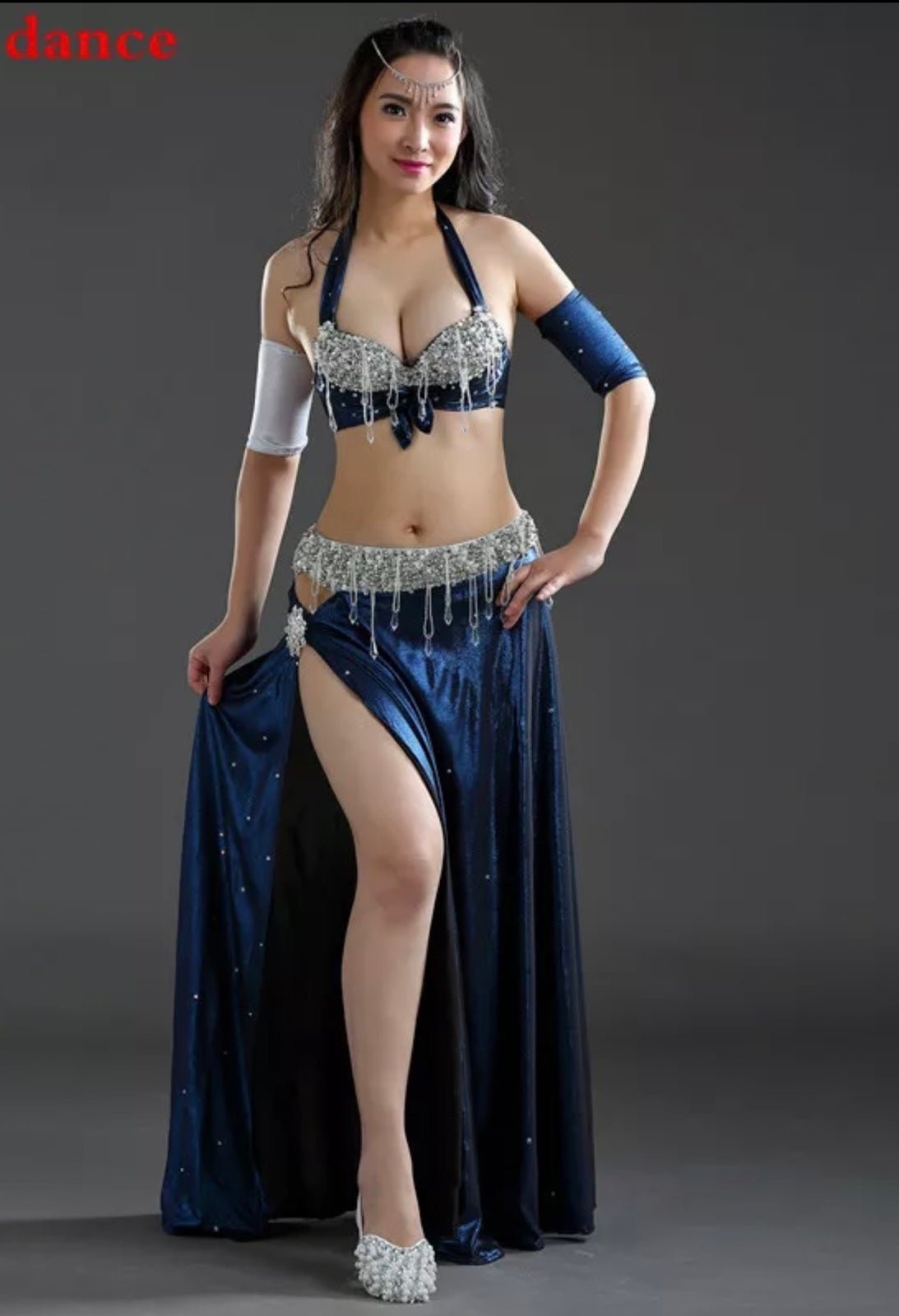 A gorgeous costume with crystal detailing! Blue and Silver belly dance