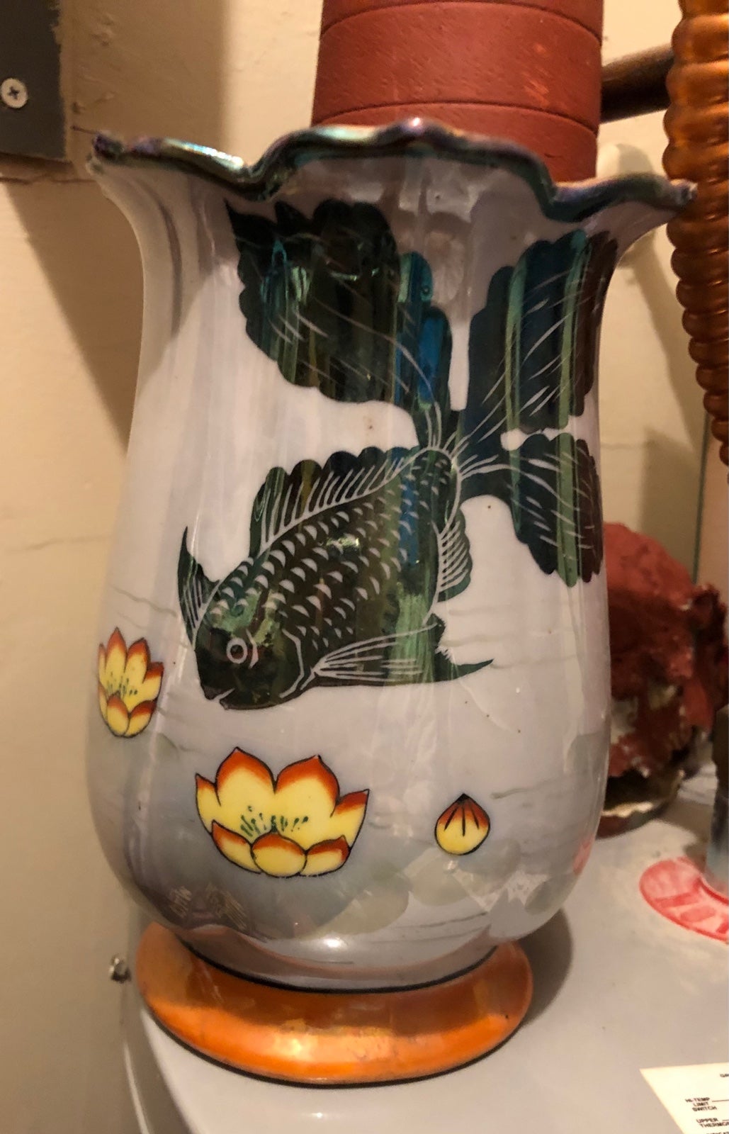 1930s Tashiro Shoten Goldcastle Chikusa Japan Deco Lusterware Koi Fish Vase