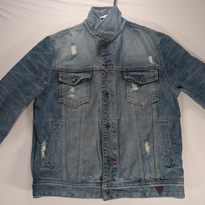 Guess Small Dillon Distressed Ripped Denim Blue Jean Jacket Medium Wash Adult