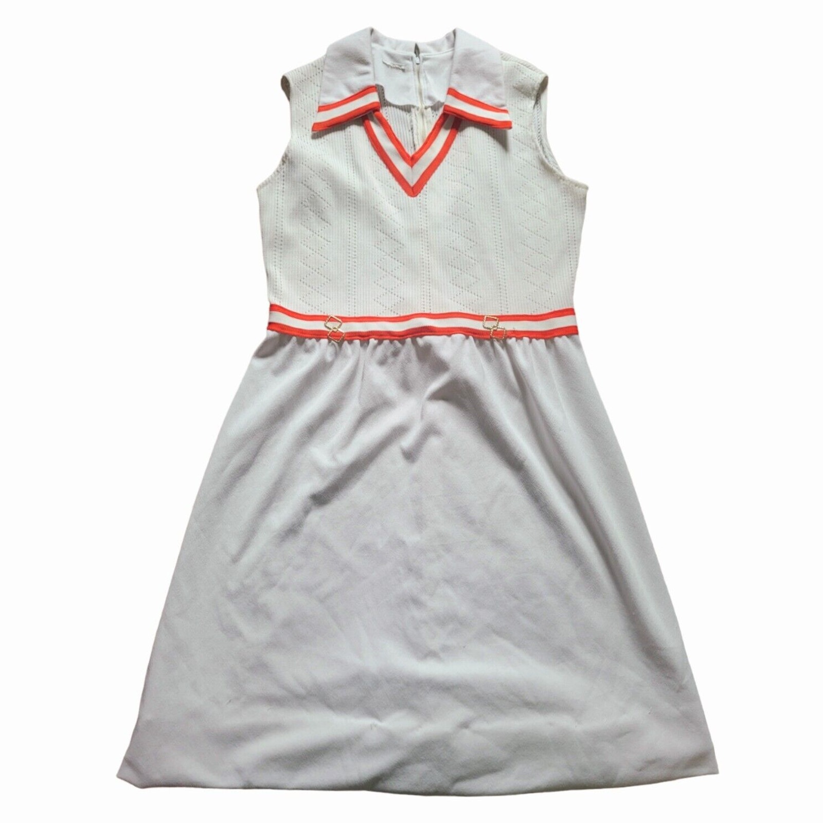 Vintage Tennis Performance Dress White Orange Vneck Sporty Sleeveless 1970s