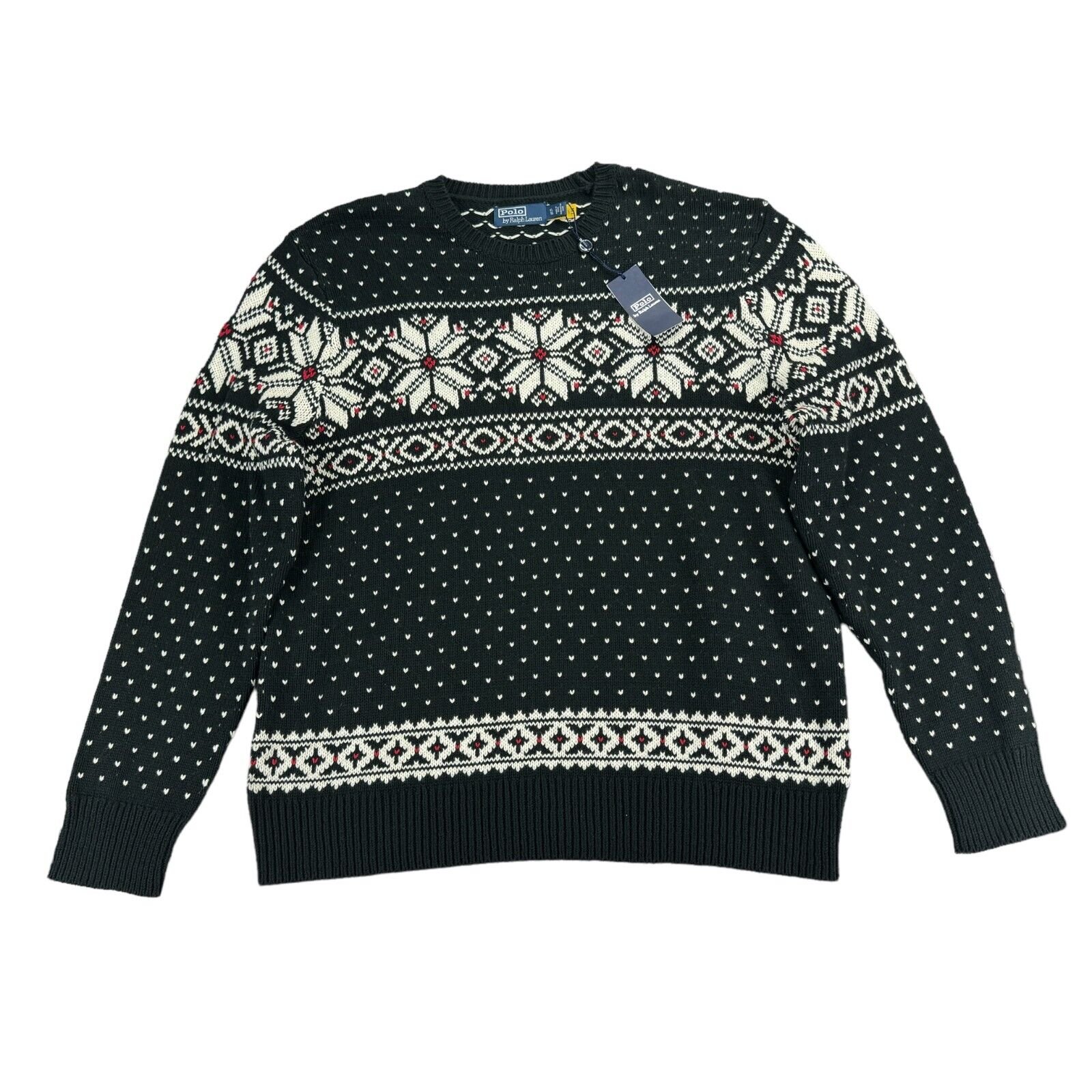 Polo Ralph Lauren Mens Fair Isle Cotton Cashmere Snowflake Sweater Black XL