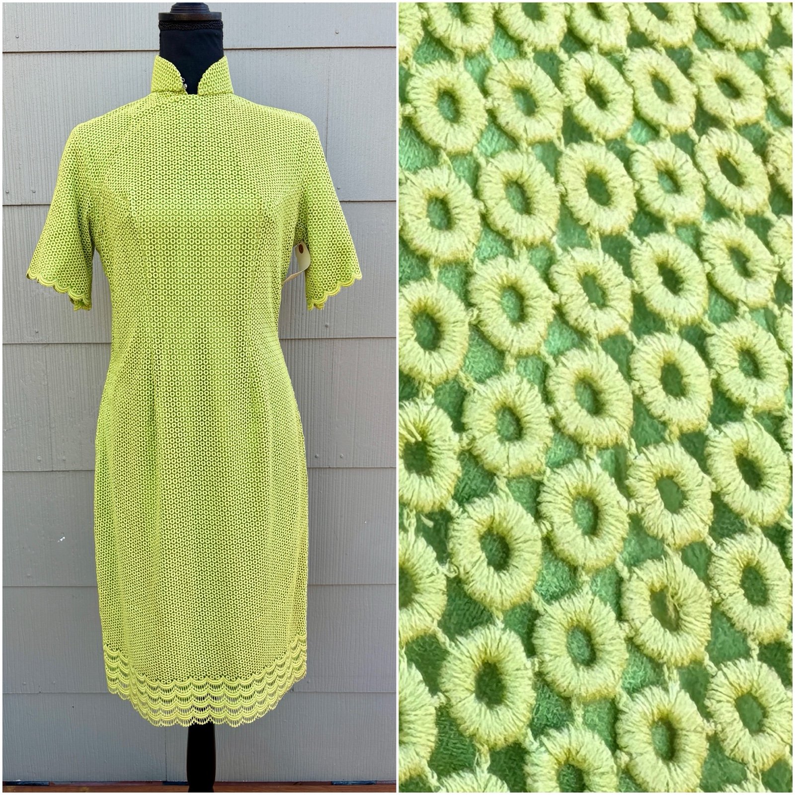 vintage 1960s mod lime green circle eyelet midi cheongsam dress
