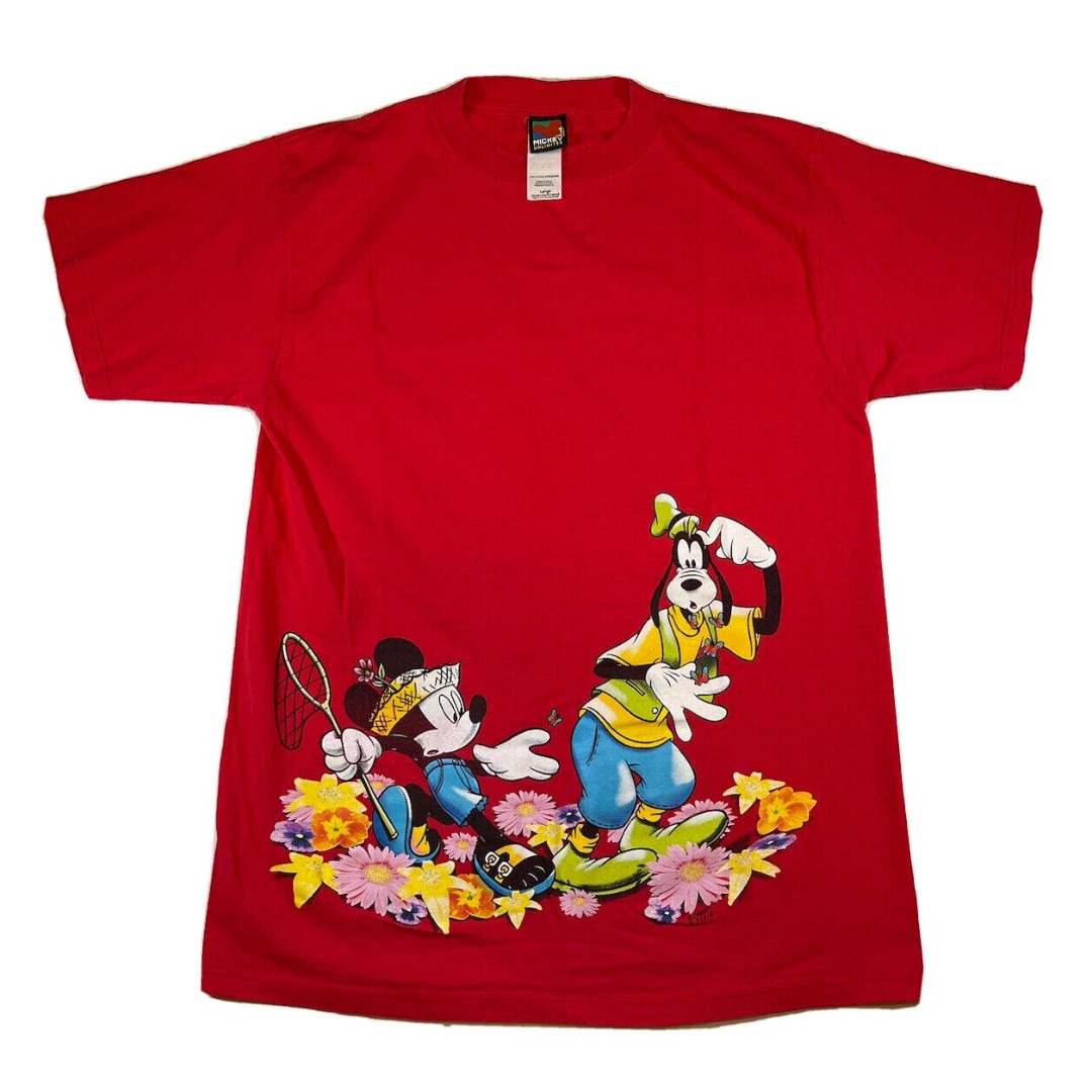 VTG Goofy Mickey Catching Butterflies Mickey Unlimited Disney Red T-shirt Mens L