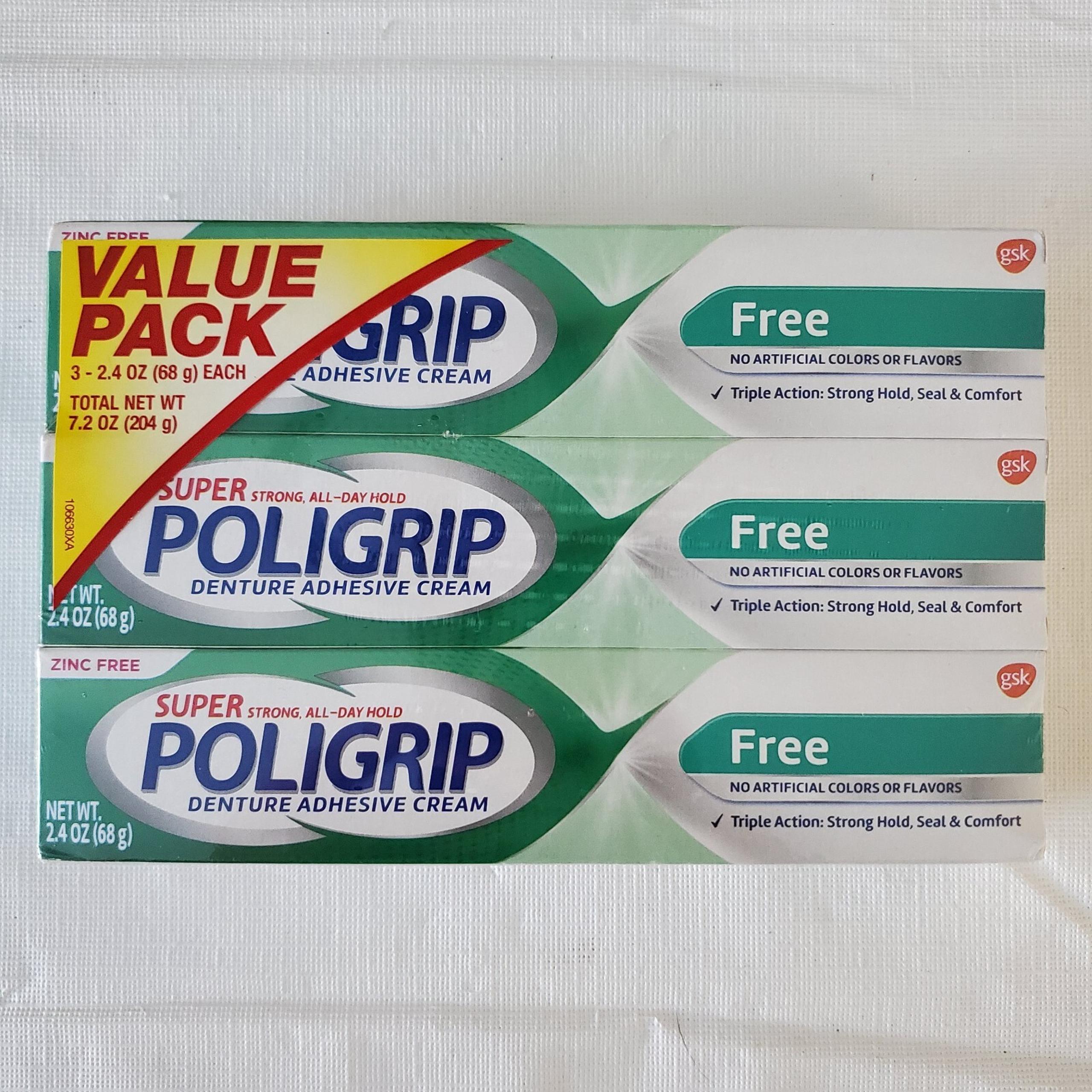 POLIGRIP 3-Pack Zinc Free Denture Adhesive Cream 2.4oz Super Strong Hold