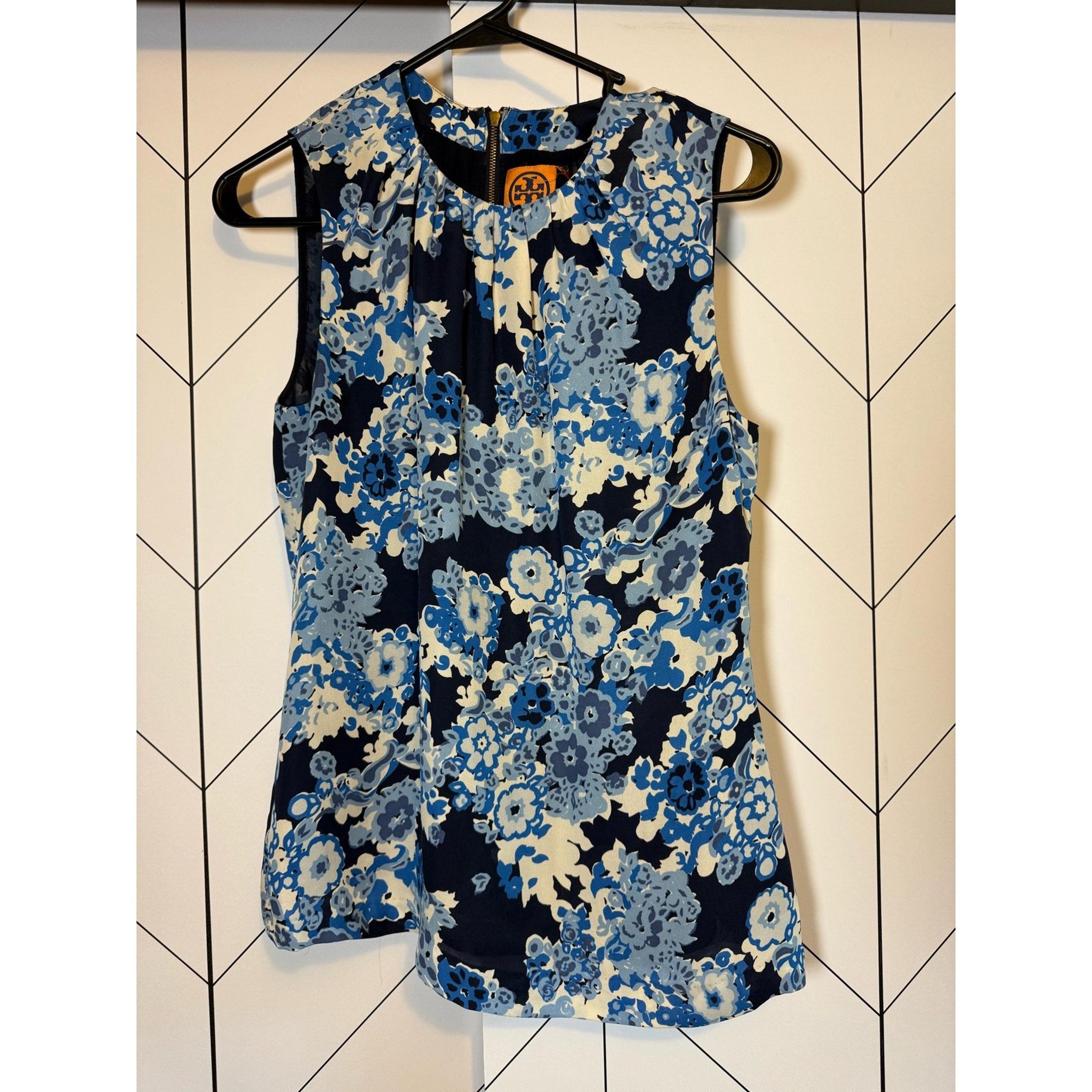 Tory Burch Women’s 4 Zorra Blue Floral Print Silk Sleeveless Lined Zip Shirt Top