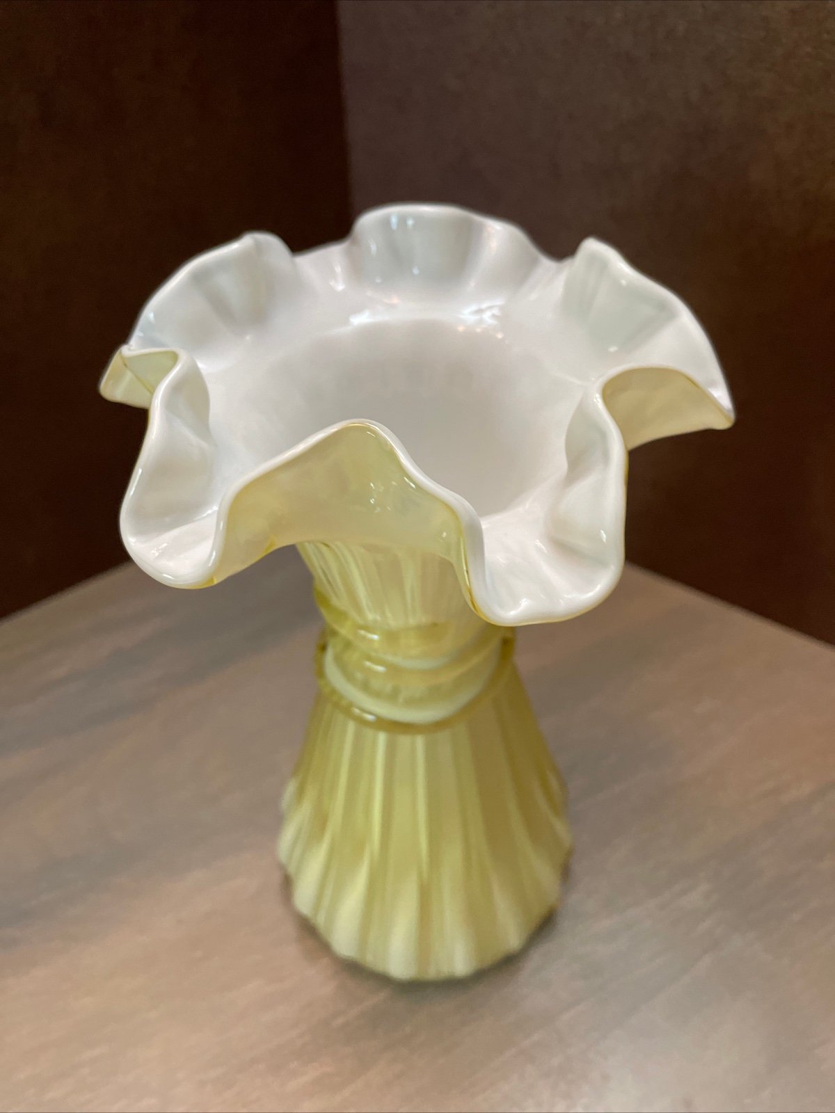 Fenton Rare Case Glass Butterscotch Wheat Vase White Overlay 7 3/4