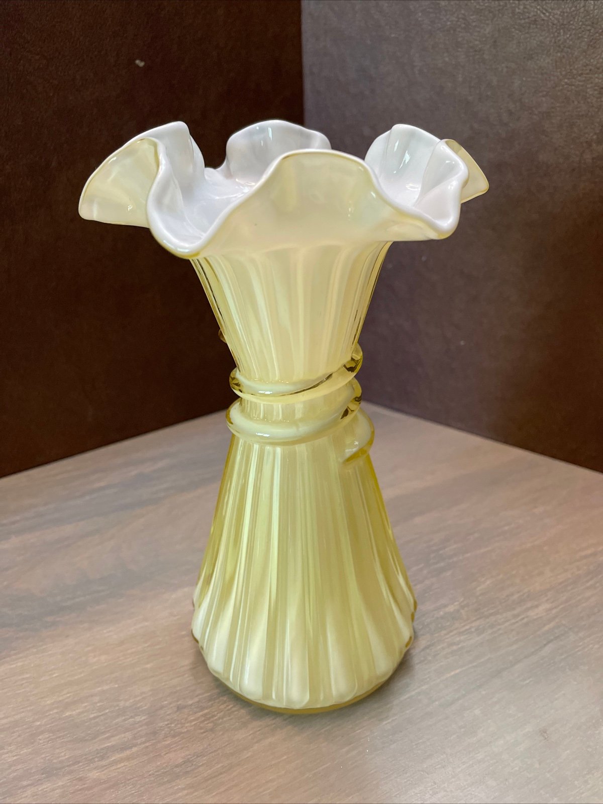 Fenton Rare Case Glass Butterscotch Wheat Vase White Overlay 7 3/4