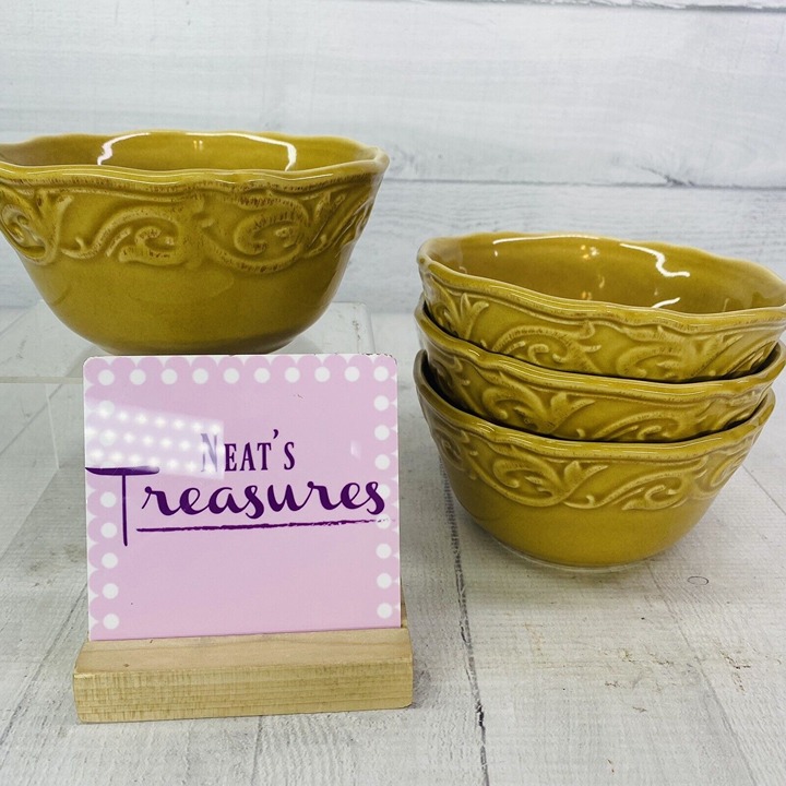 Chris Madden JC Penny CORVELLA GOLD Embossed Scrolls Stoneware Bowls Set of 4