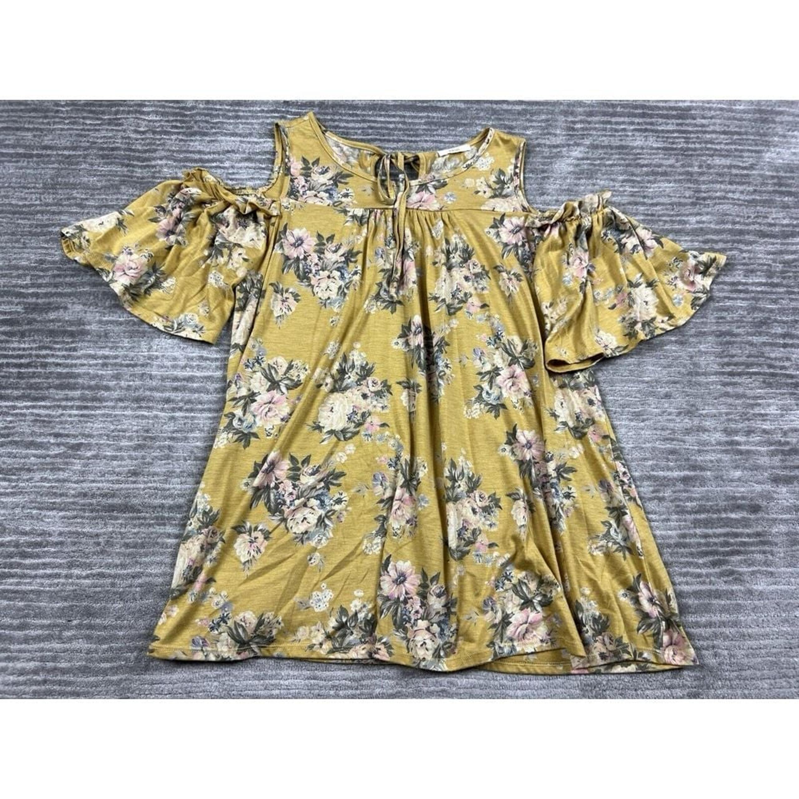 Easel Top Womens 3X Yellow Floral Sleeveless Cold Shoulder Short Sleeve